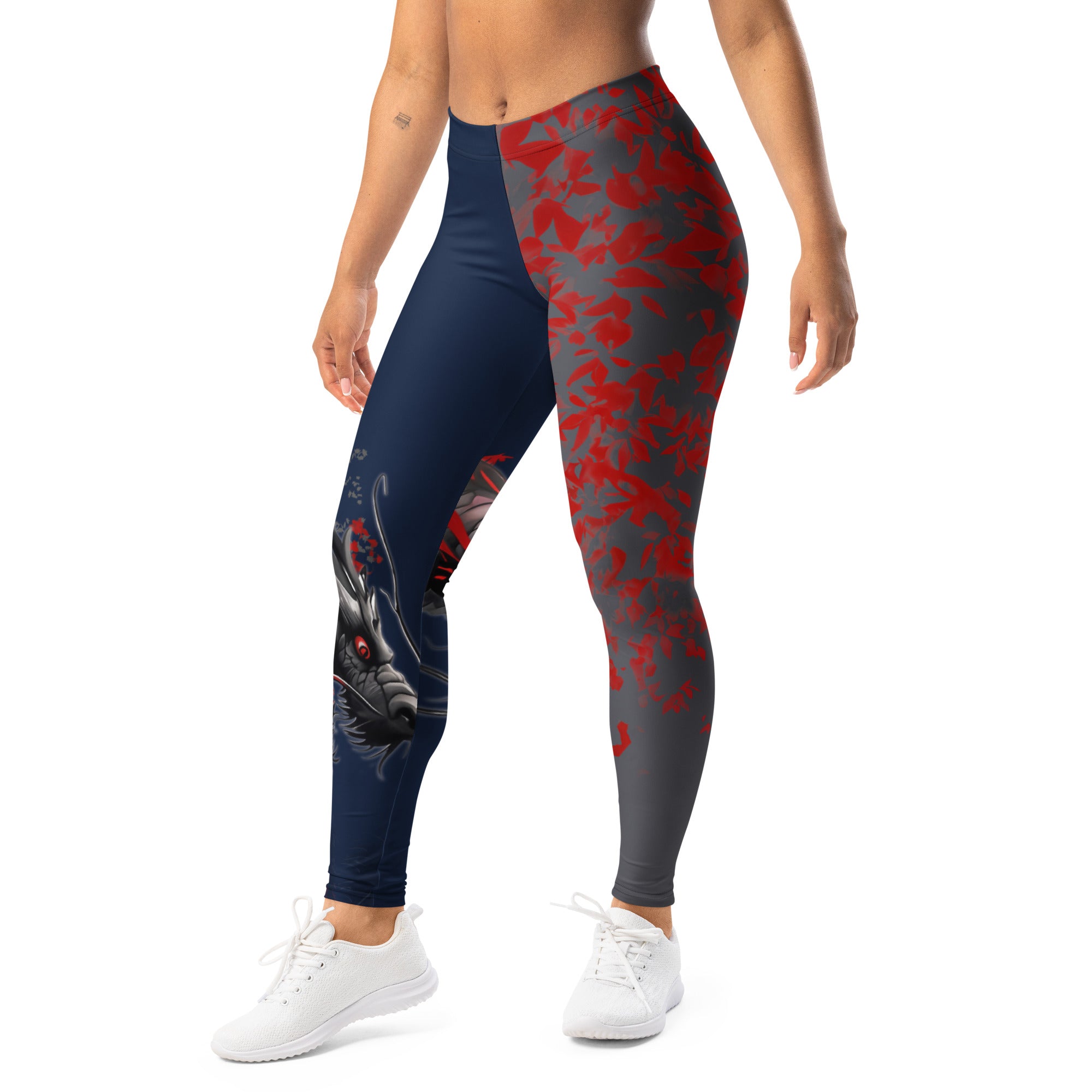 Roll Gear Shadow Dragon Warrior Spats – Dark Navy & Crimson – Women's, left-front view.
