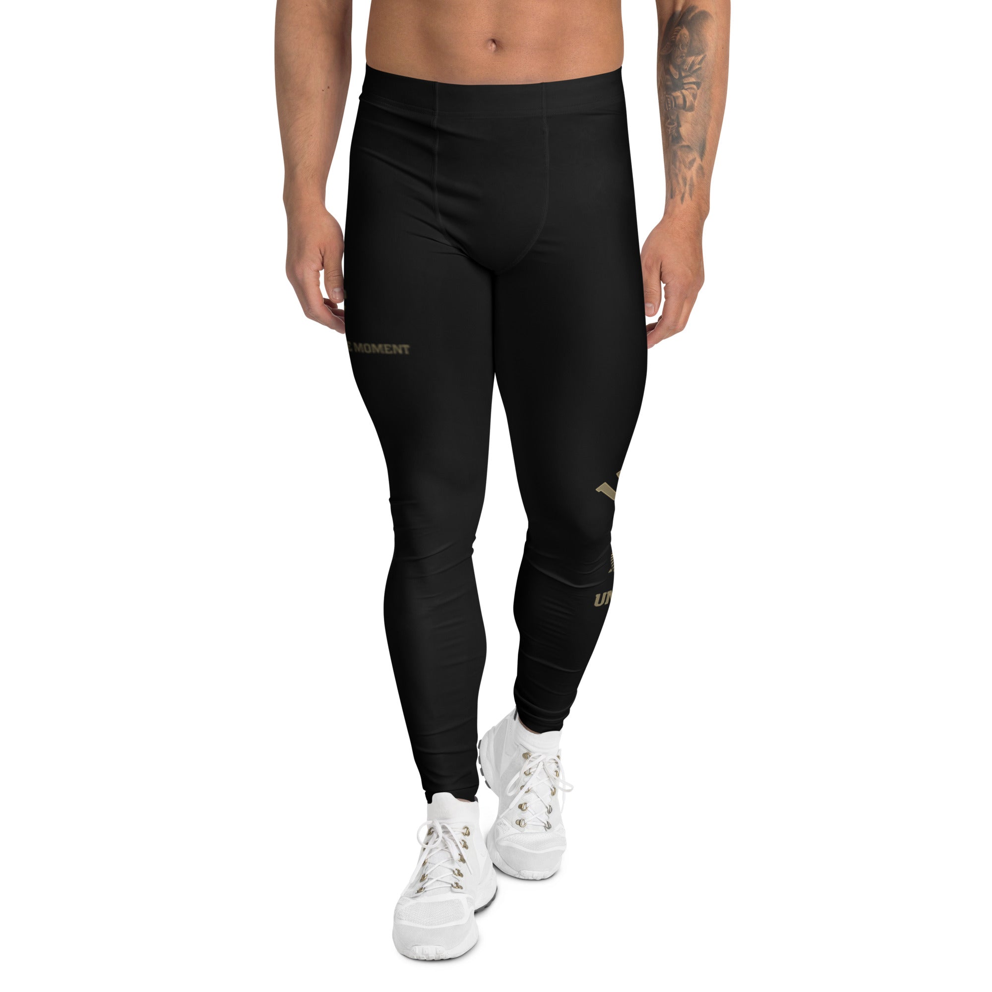 Roll Gear Men's Marines "Gold" Compression Spats – black and gold USMC-inspired leggings, front view.