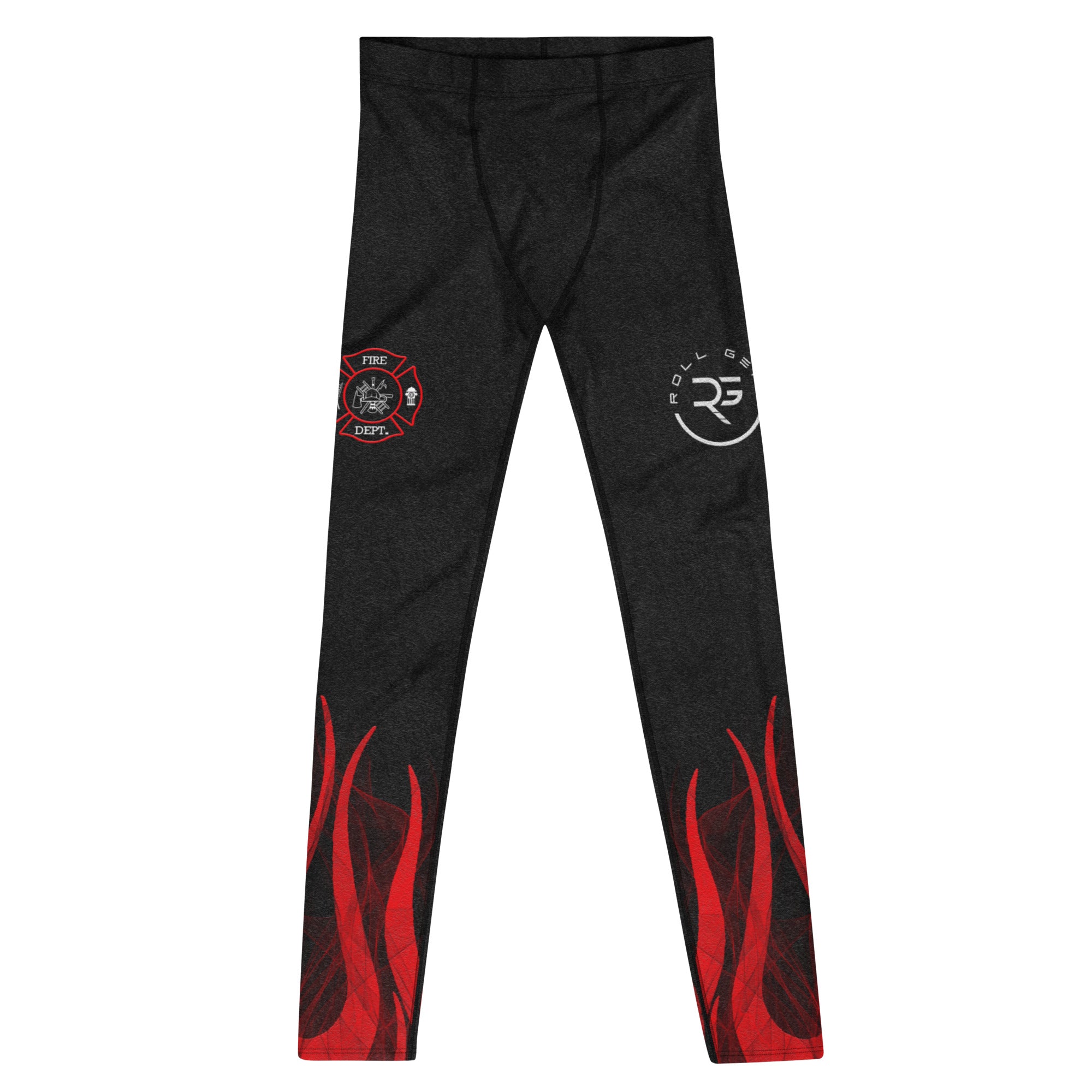 Roll Gear Men's Fire Department Compression Spats - Black with Red Flames, front view, additional angle.