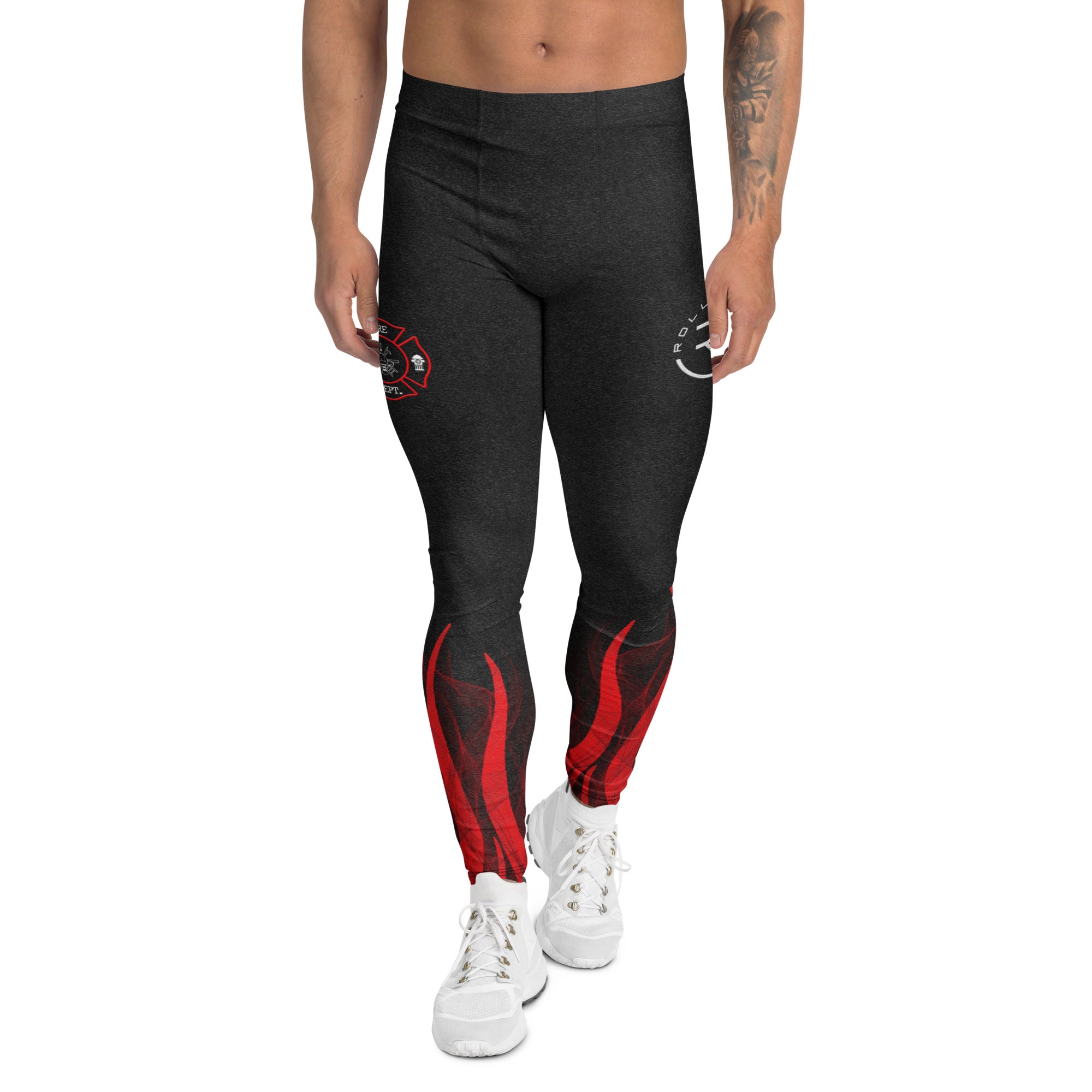Roll Gear Men's Fire Department Compression Spats - Black with Red Flames, front view.