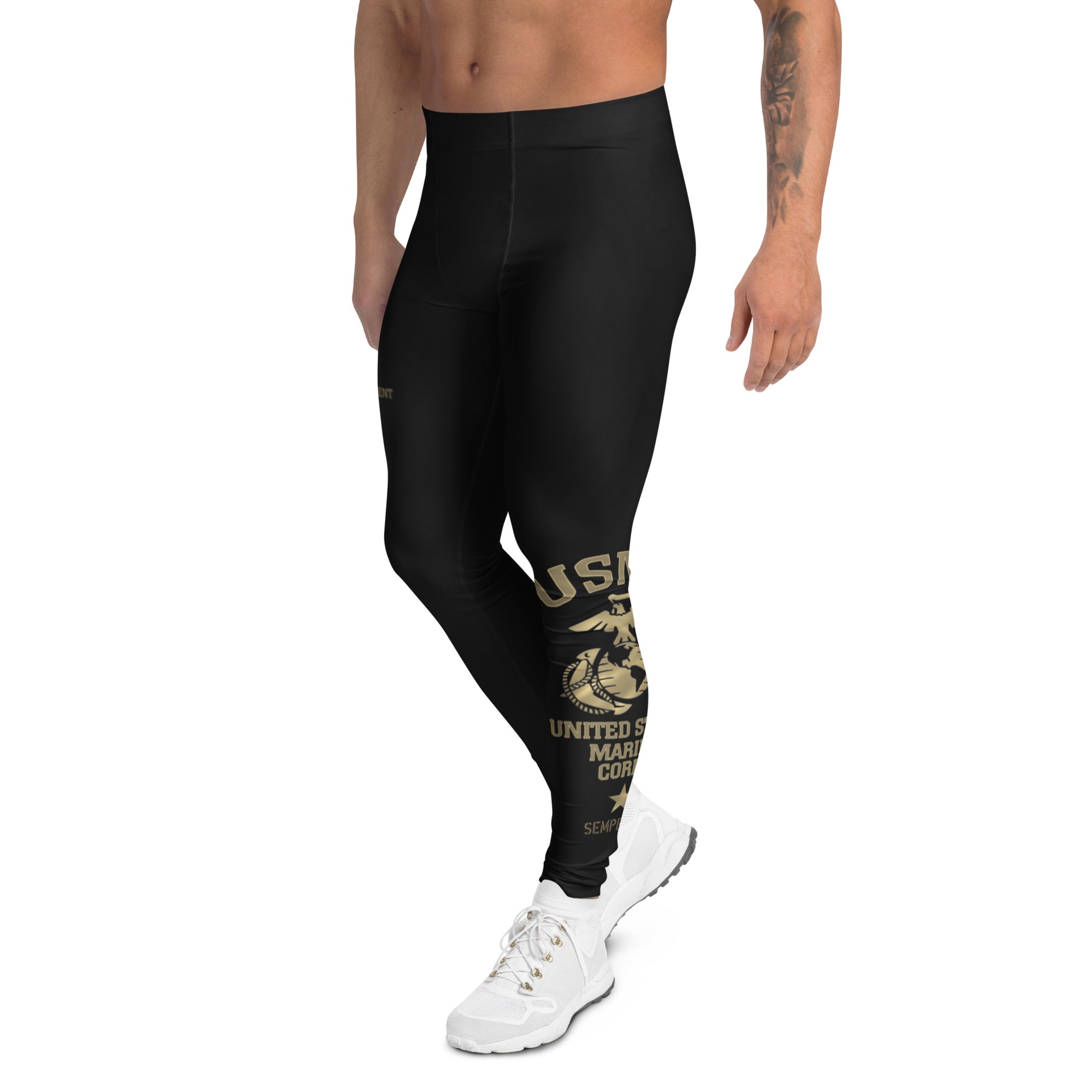 Roll Gear Men's Marines "Gold" Compression Spats – black and gold USMC-inspired leggings, left side view.