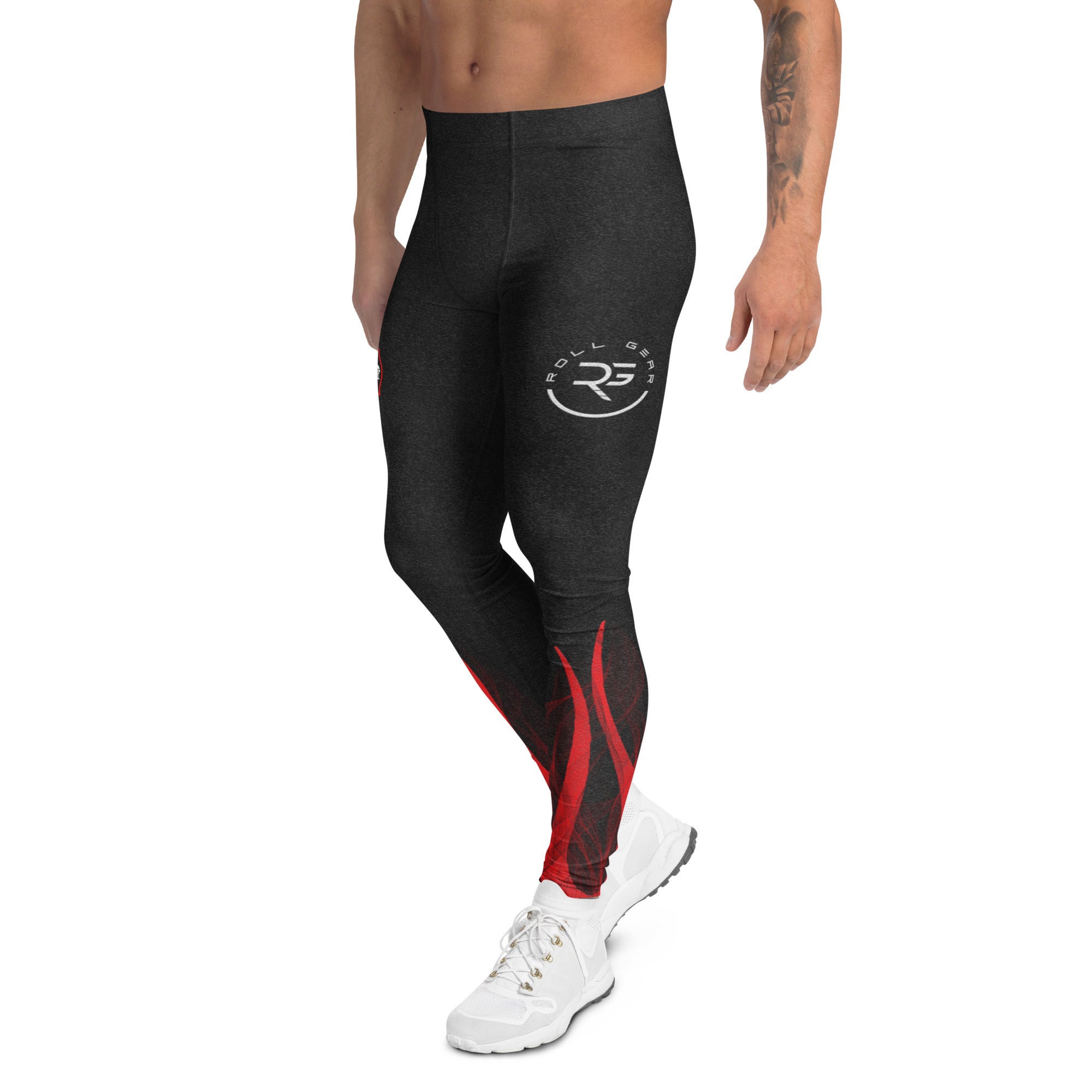 Roll Gear Men's Fire Department Compression Spats - Black with Red Flames, left side view.