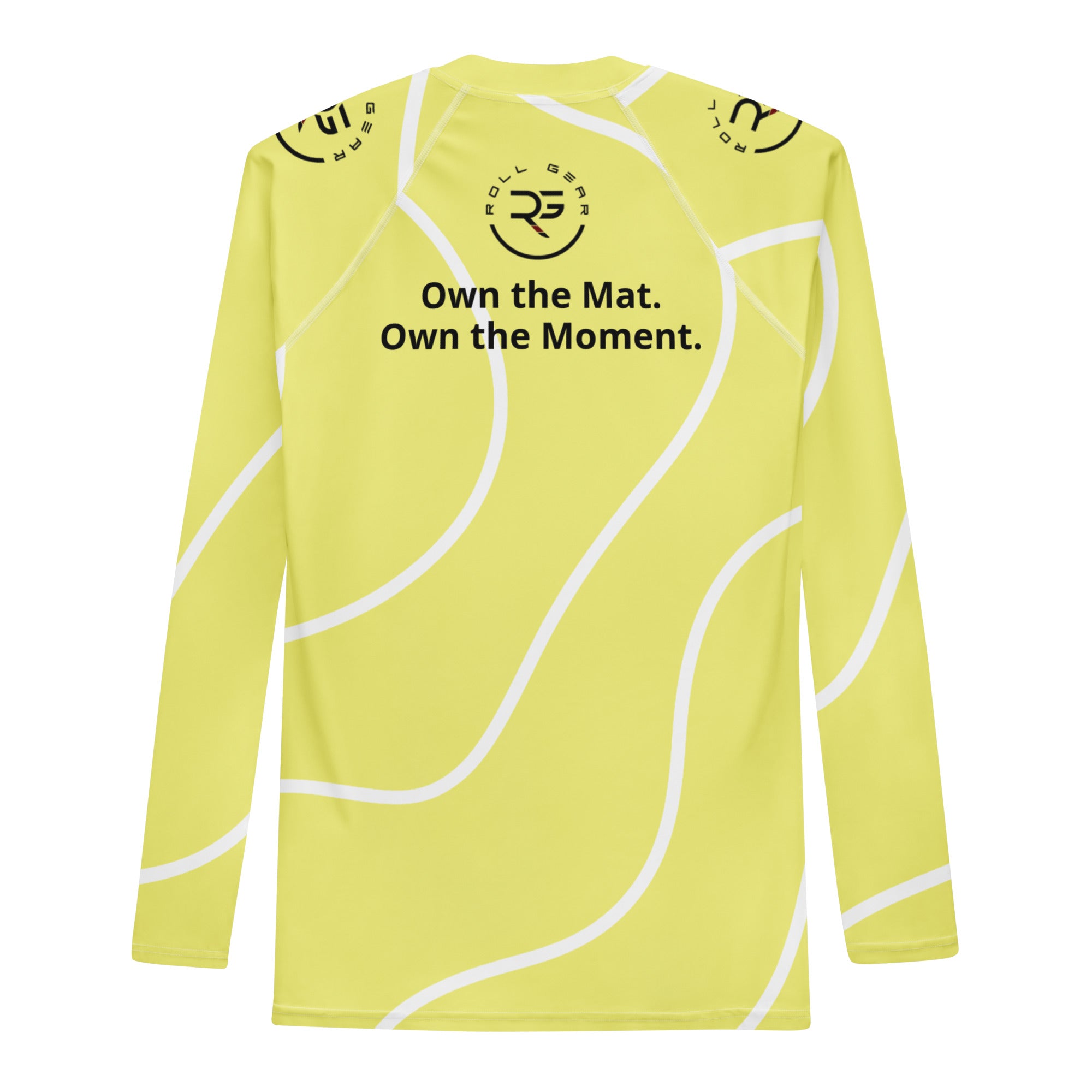 Roll Gear Yellow with White Lines Performance Rash Guard – Long Sleeve, back view, all-over print.