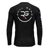 Roll Gear Train hard. Stay sharp. Never fold Rash Guard, back view, all-over print.