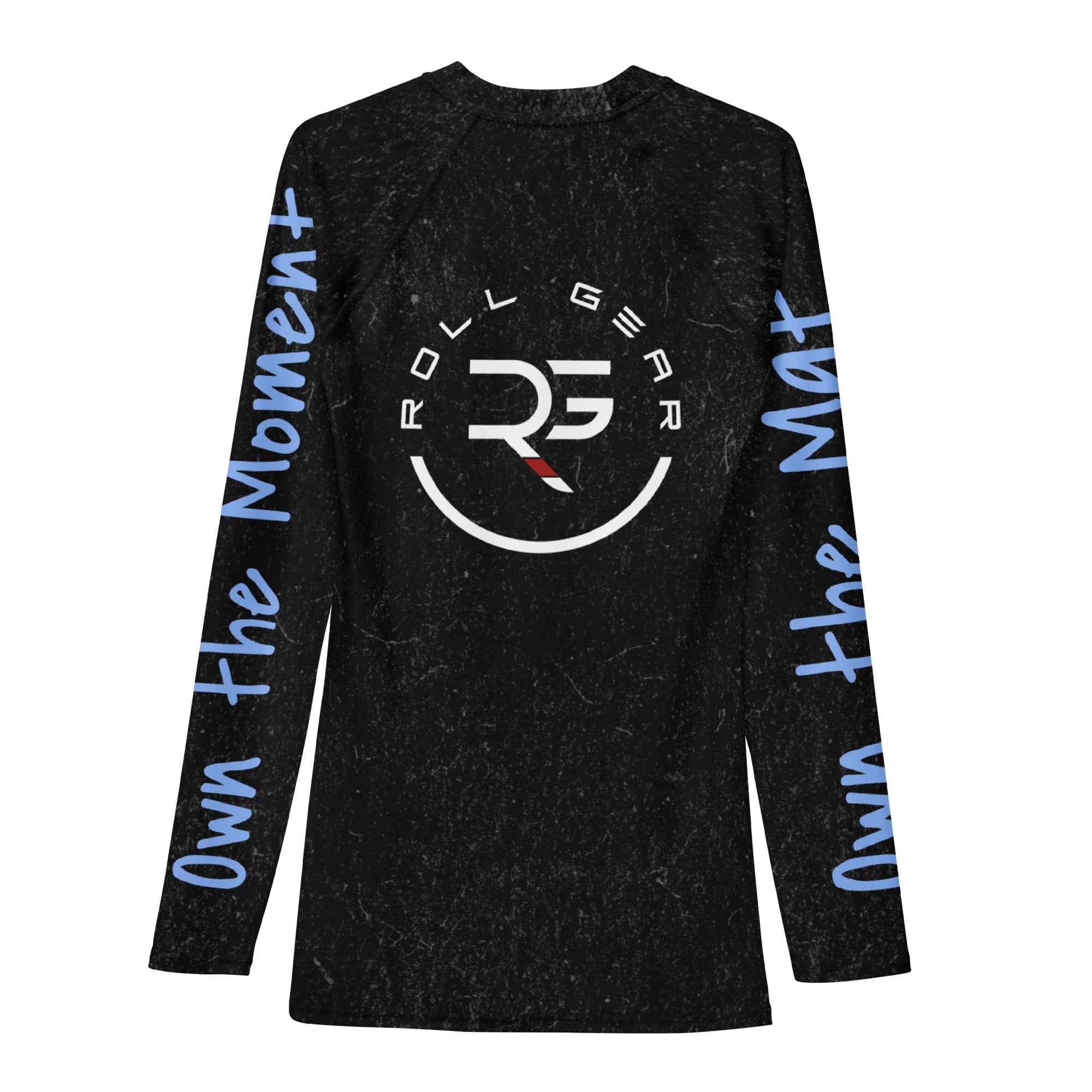 Roll Gear Train hard. Stay sharp. Never fold Rash Guard, second back view, all-over print.