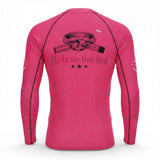 Roll Gear Girls on the Mat Tap Hype Long Sleeve BJJ Rash Guard – Women's, back view.