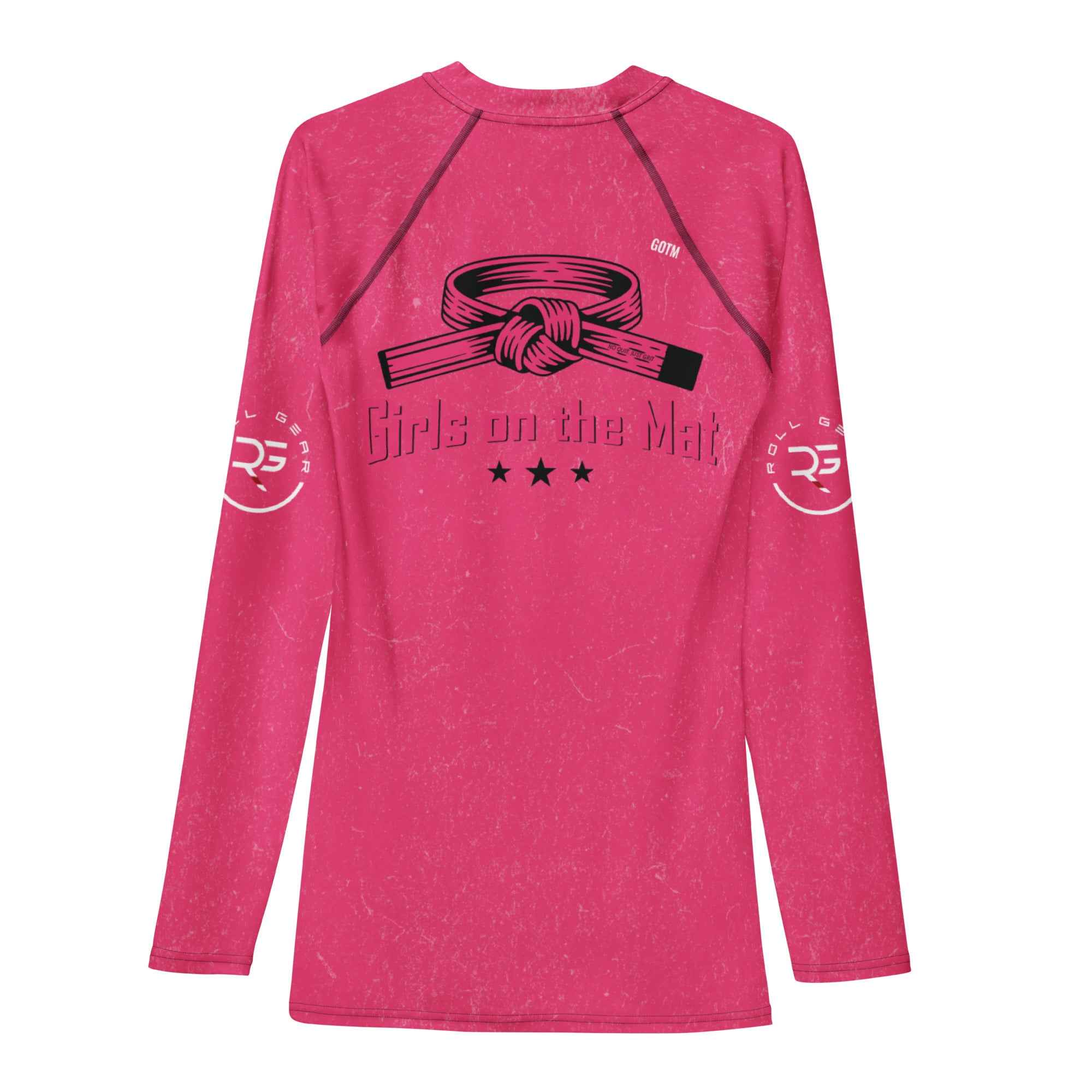 Roll Gear Girls on the Mat Tap Hype Long Sleeve BJJ Rash Guard – Women's, second back view, all-over print.