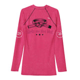 Roll Gear Girls on the Mat Tap Hype Long Sleeve BJJ Rash Guard – Women's, back view, additional angle.