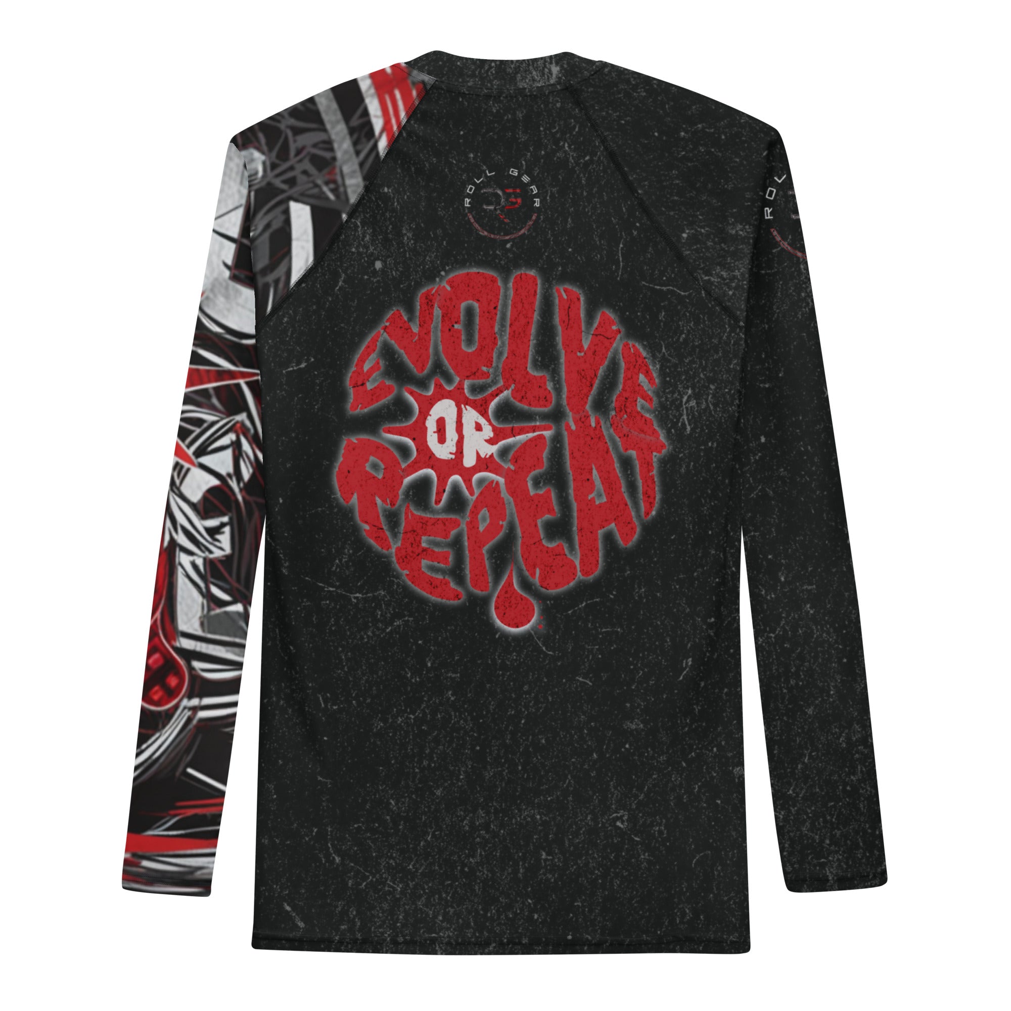 Roll Gear Evolve or Repeat Men’s Long Sleeve Rash Guard – Black & Red, back view, all-over print.
