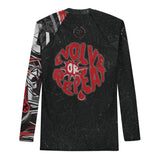 Roll Gear Evolve or Repeat Men’s Long Sleeve Rash Guard – Black & Red, back view, all-over print.