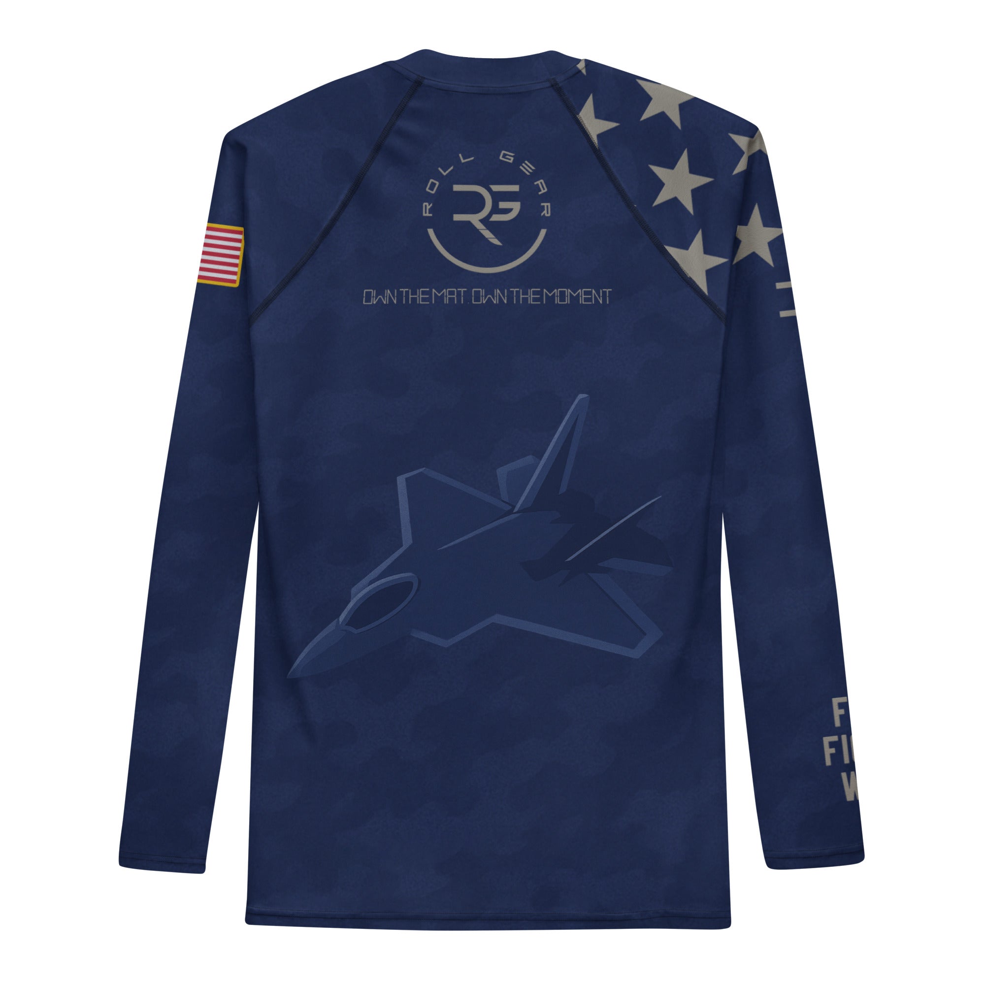 Roll Gear Men's Air Force Long Sleeve Rash Guard, back view.
