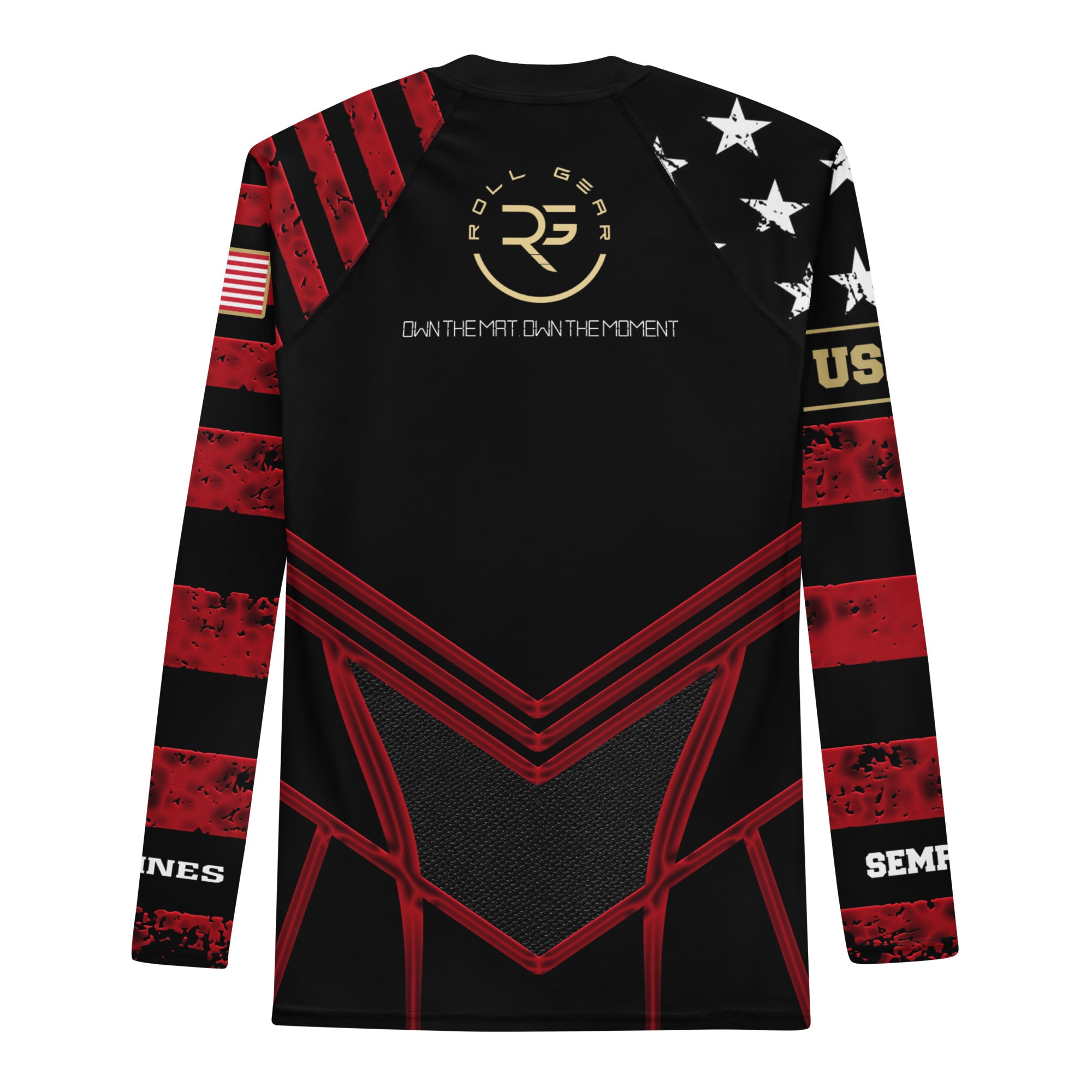 Roll Gear Men's Marines Dress Blues BJJ Rash Guard - USMC Black, Red & Gold, back view.