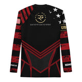 Roll Gear Men's Marines Dress Blues BJJ Rash Guard - USMC Black, Red & Gold, back view.