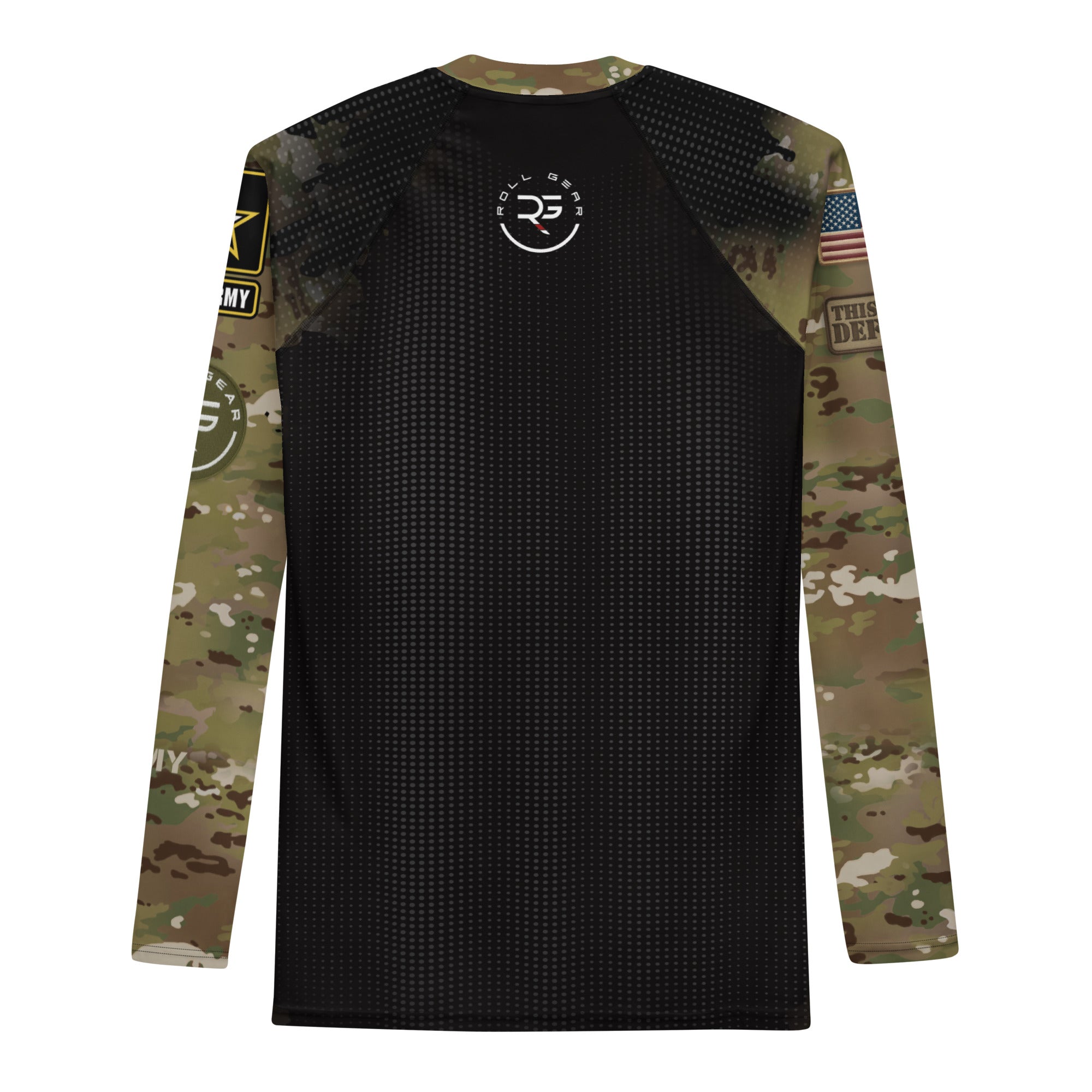 Roll Gear Men's Army Long Sleeve Rash Guard, back view, all-over print.