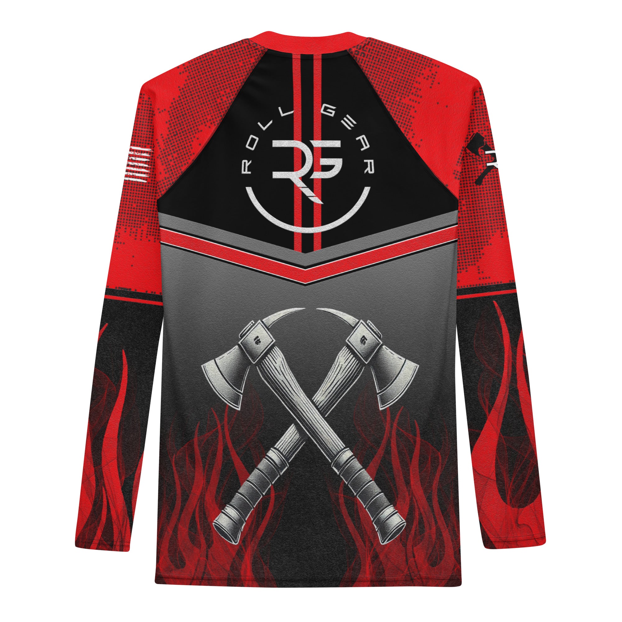 Roll Gear Men's Fire Department Edition Rash Guard - Red, Black & Smoke Grey, back view.