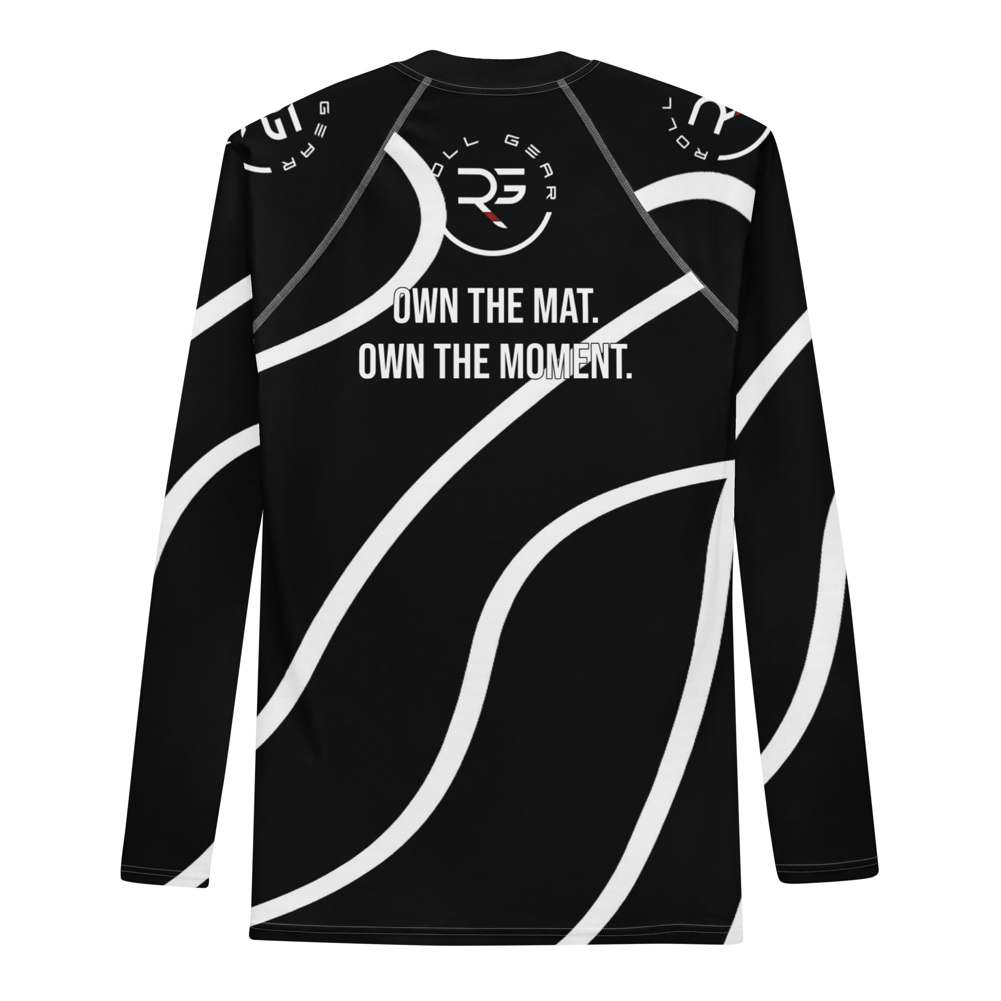 Roll Gear Black Swirl Long Sleeve Rash Guard – Black/White – Men’s, back view, all-over print.