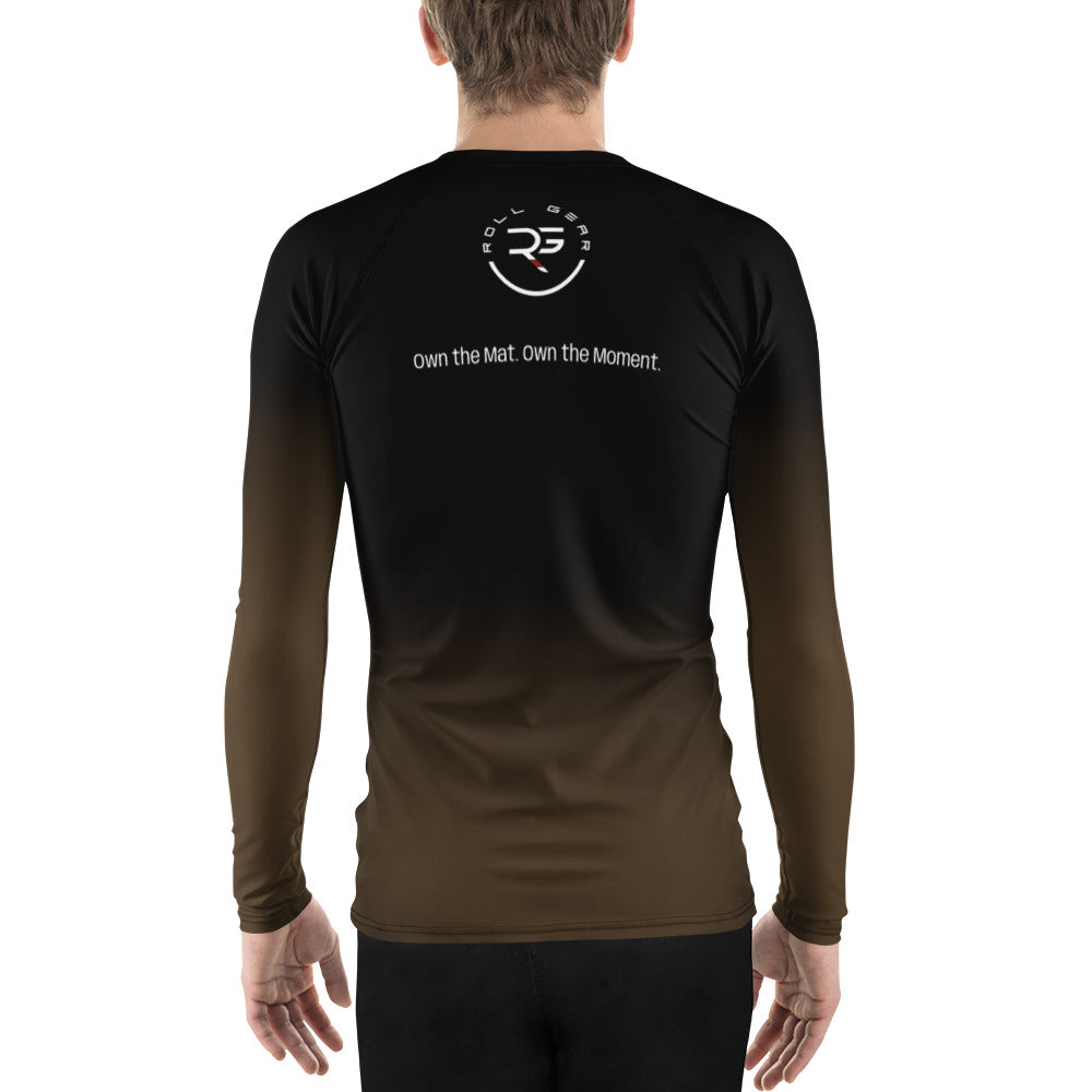 Roll Gear Brown Fade Long Sleeve Rash Guard – Brown/Black – Men’s, back view, all-over print.