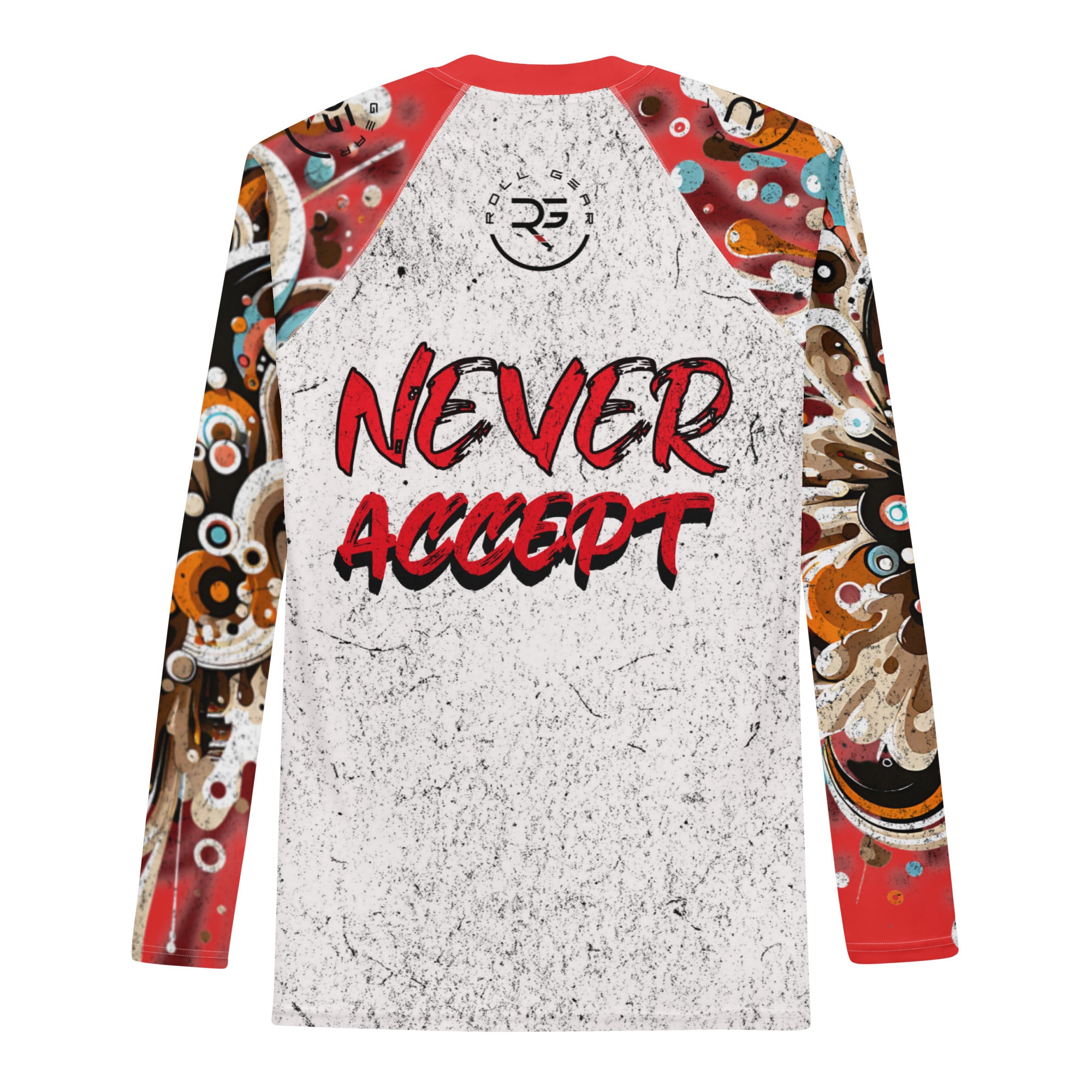 Roll Gear Never Accept Rash Guard – Red – Men's, back view, all-over print.