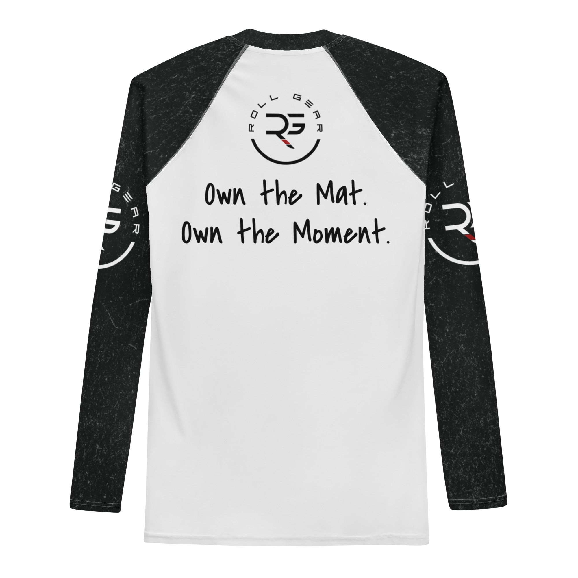 Roll Gear Tap Hype Men’s Long Sleeve Rash Guard – Orange & White, back view, all-over print.