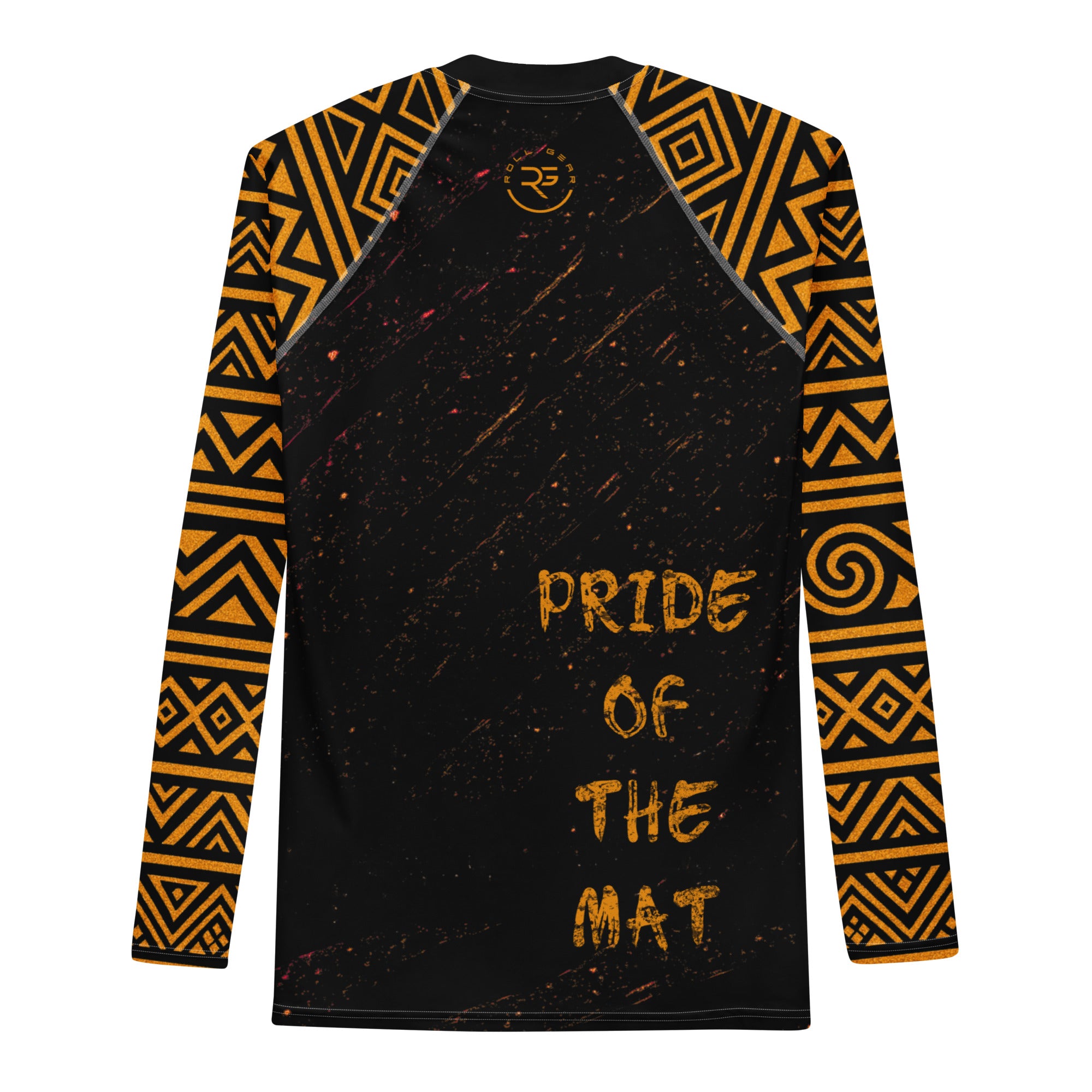 Roll Gear Lion’s Pride Men’s Long Sleeve Rash Guard – Black & Gold, back view, all-over print.