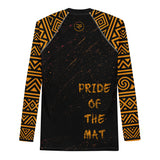Roll Gear Lion’s Pride Men’s Long Sleeve Rash Guard – Black & Gold, back view, all-over print.