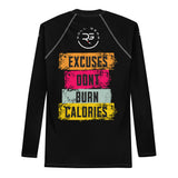 Roll Gear Excuses Don’t Burn Calories Long Sleeve Rash Guard – Black – Men’s, back view, all-over print.