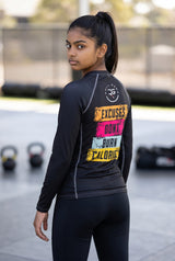 Roll Gear Women’s Excuses Don’t Burn Calories Rash Guard – Black, back view, Excuses Don't Burn Calories back print.