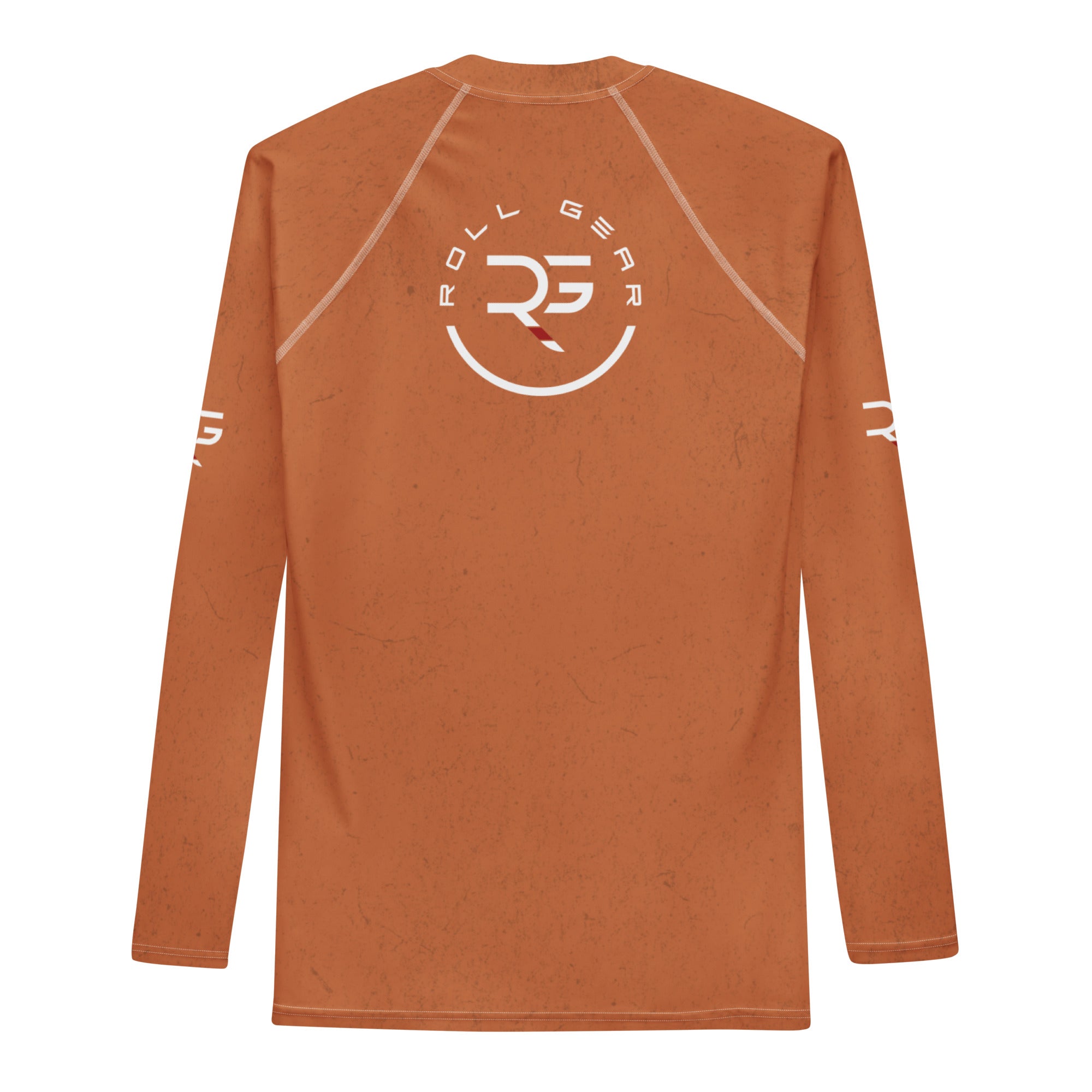 Roll Gear Earned Not Given Long Sleeve Rash Guard – Burnt Orange, back view, all-over print.