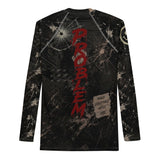 Men's I'm the Problem long sleeve rash guard, back view, black distressed camo print