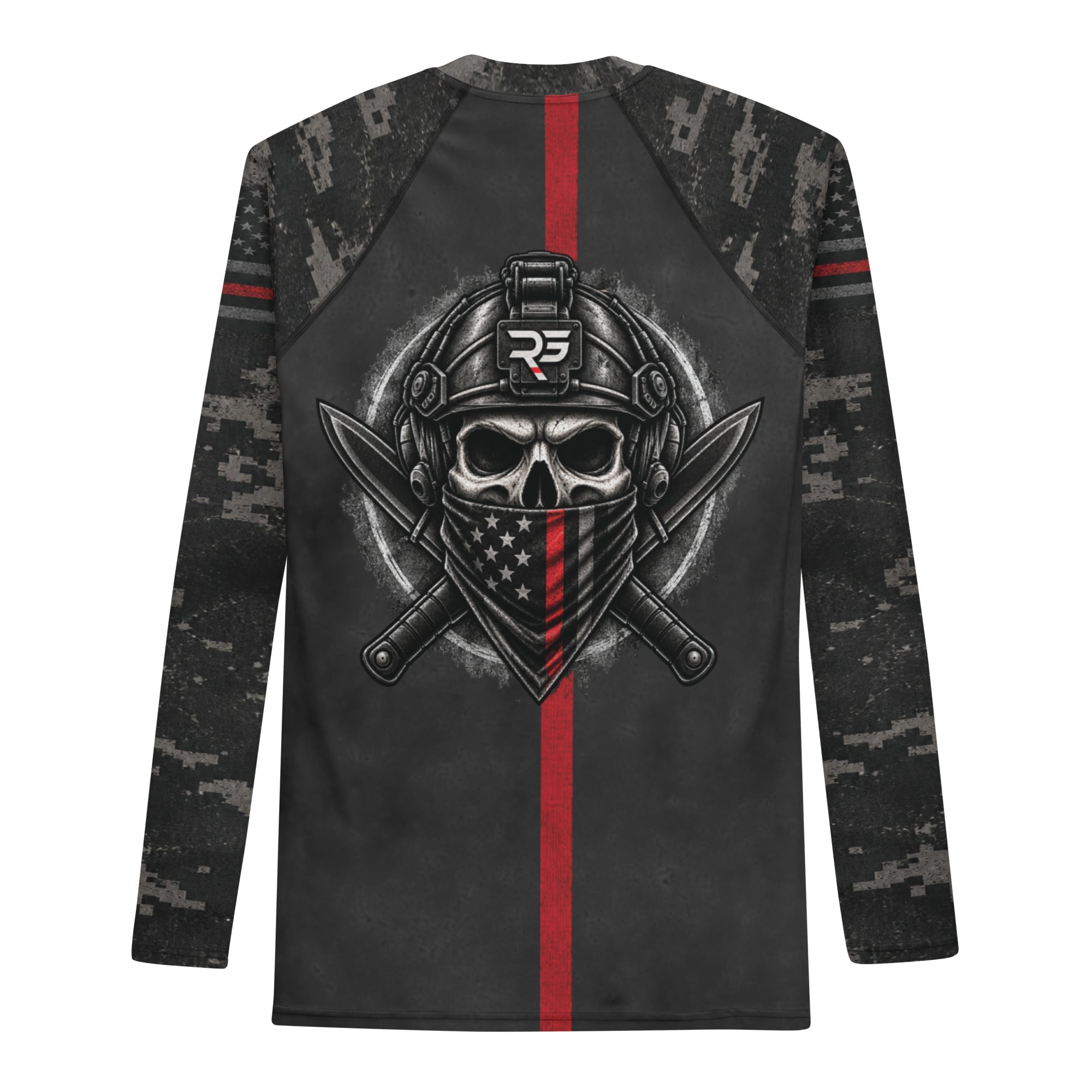Roll Gear Men's Special Forces Edition Rash Guard, back view, digital camo with thin red line.