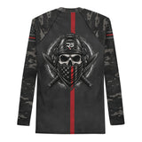 Roll Gear Men's Special Forces Edition Rash Guard, back view, digital camo with thin red line.
