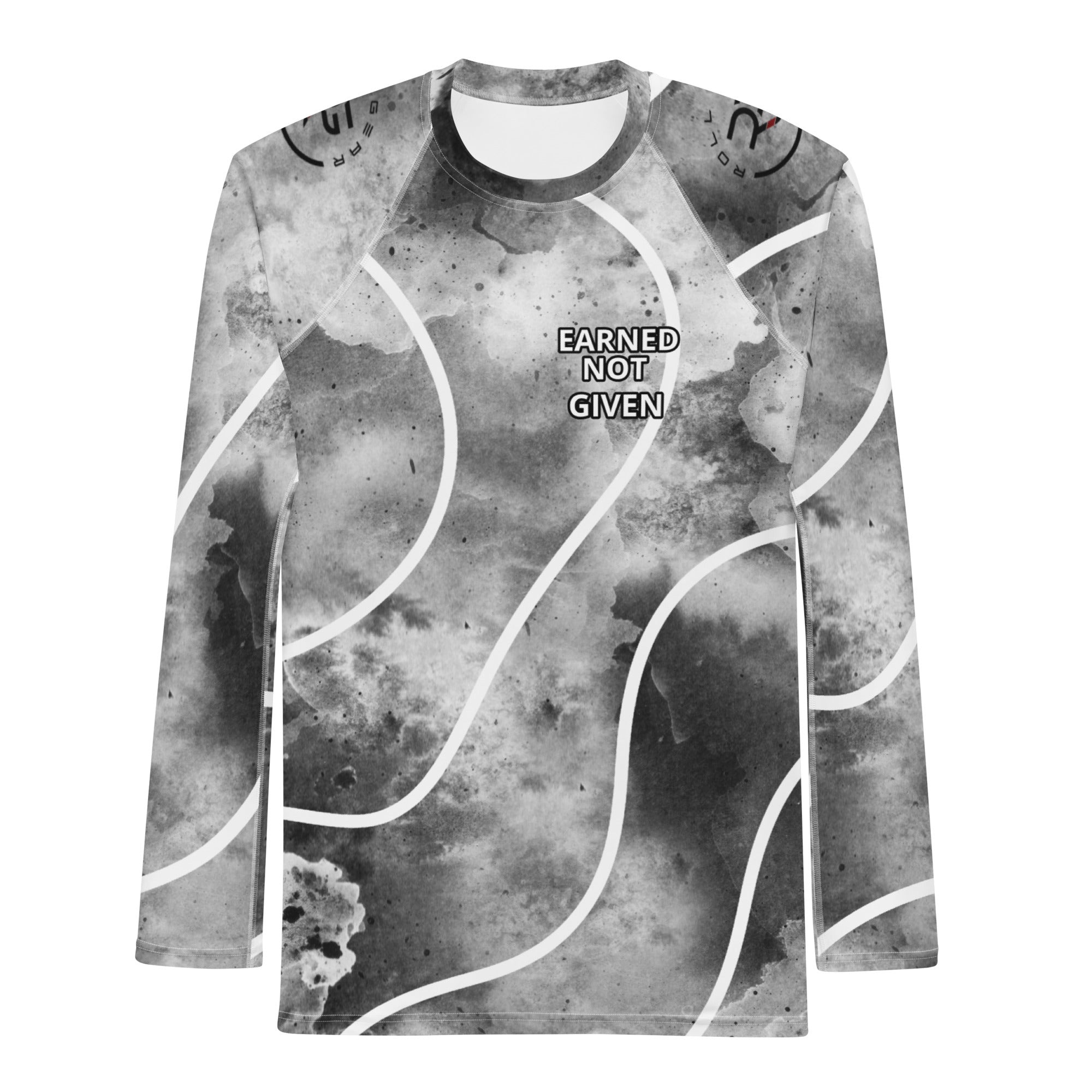 Roll Gear Black Marble with White Lines Performance Rash Guard – Long Sleeve, front view, all-over print.