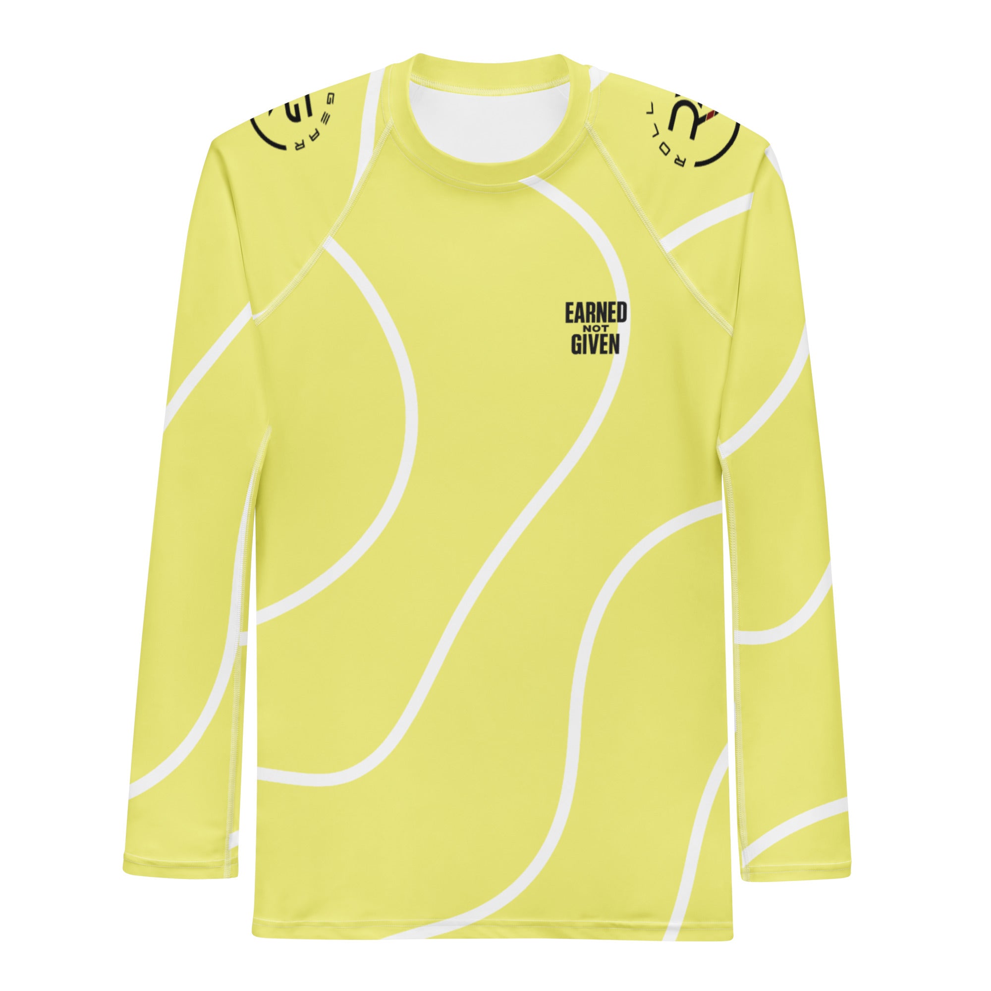 Roll Gear Yellow with White Lines Performance Rash Guard – Long Sleeve, front view, all-over print.