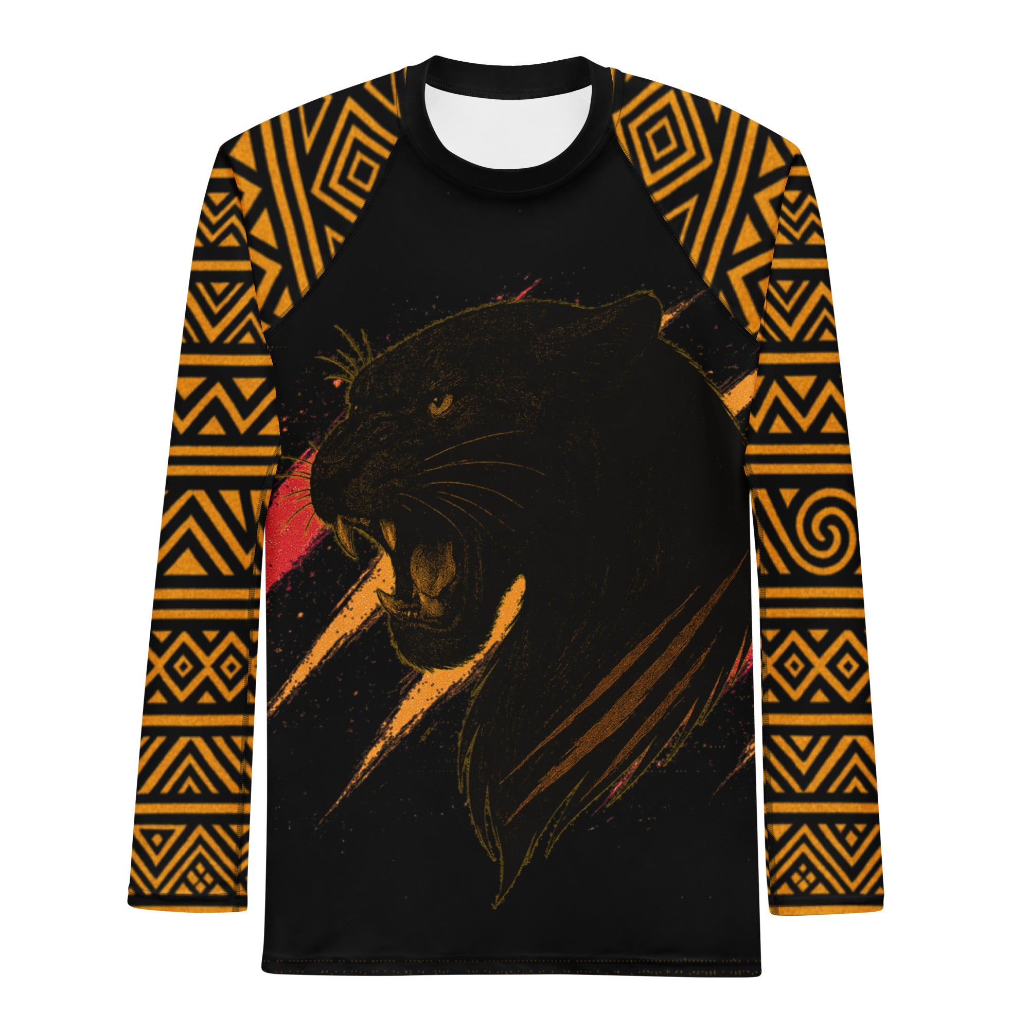 Roll Gear Jaguar BJJ Rash Guard, front view, all-over print.