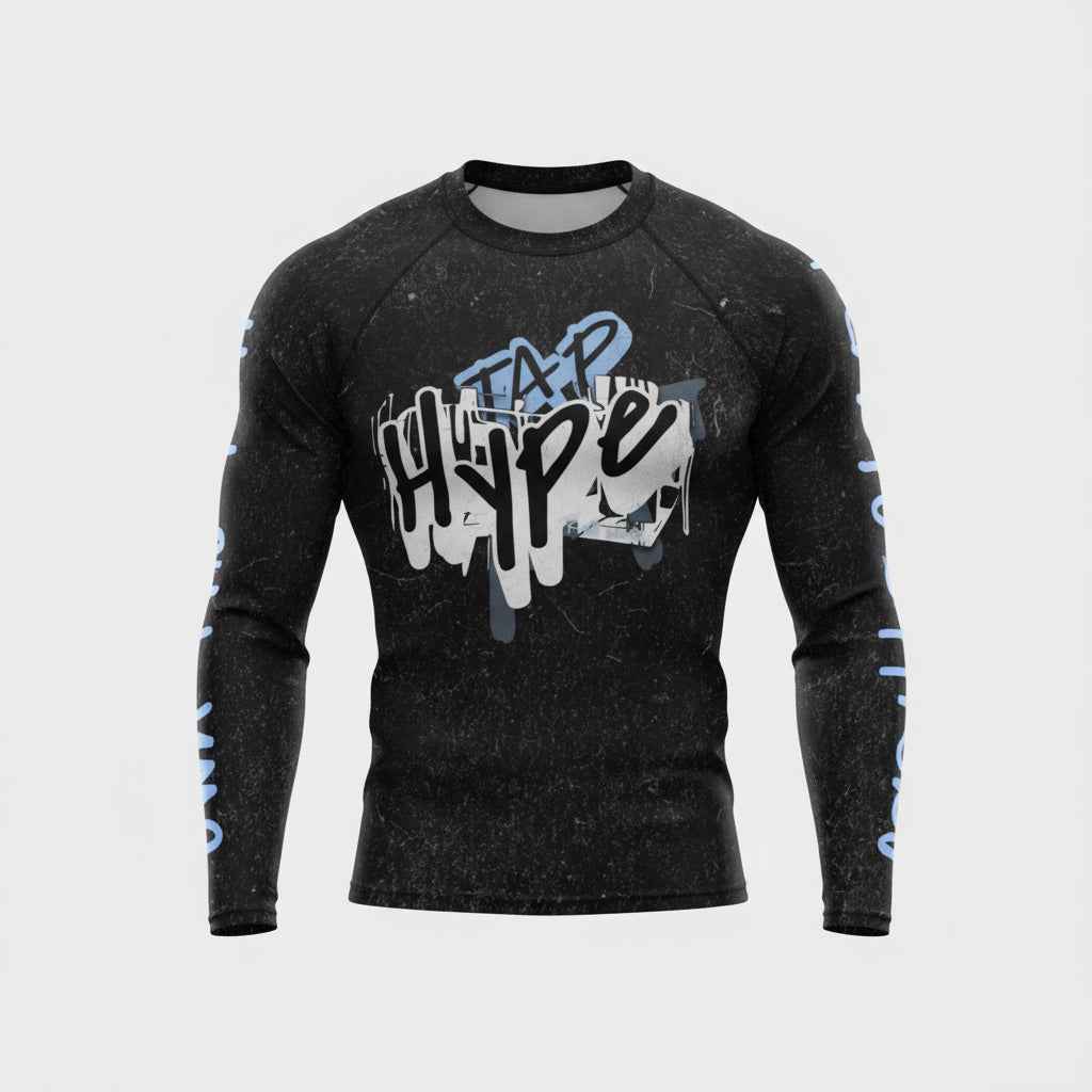 Roll Gear Train hard. Stay sharp. Never fold Rash Guard, front view, all-over print.