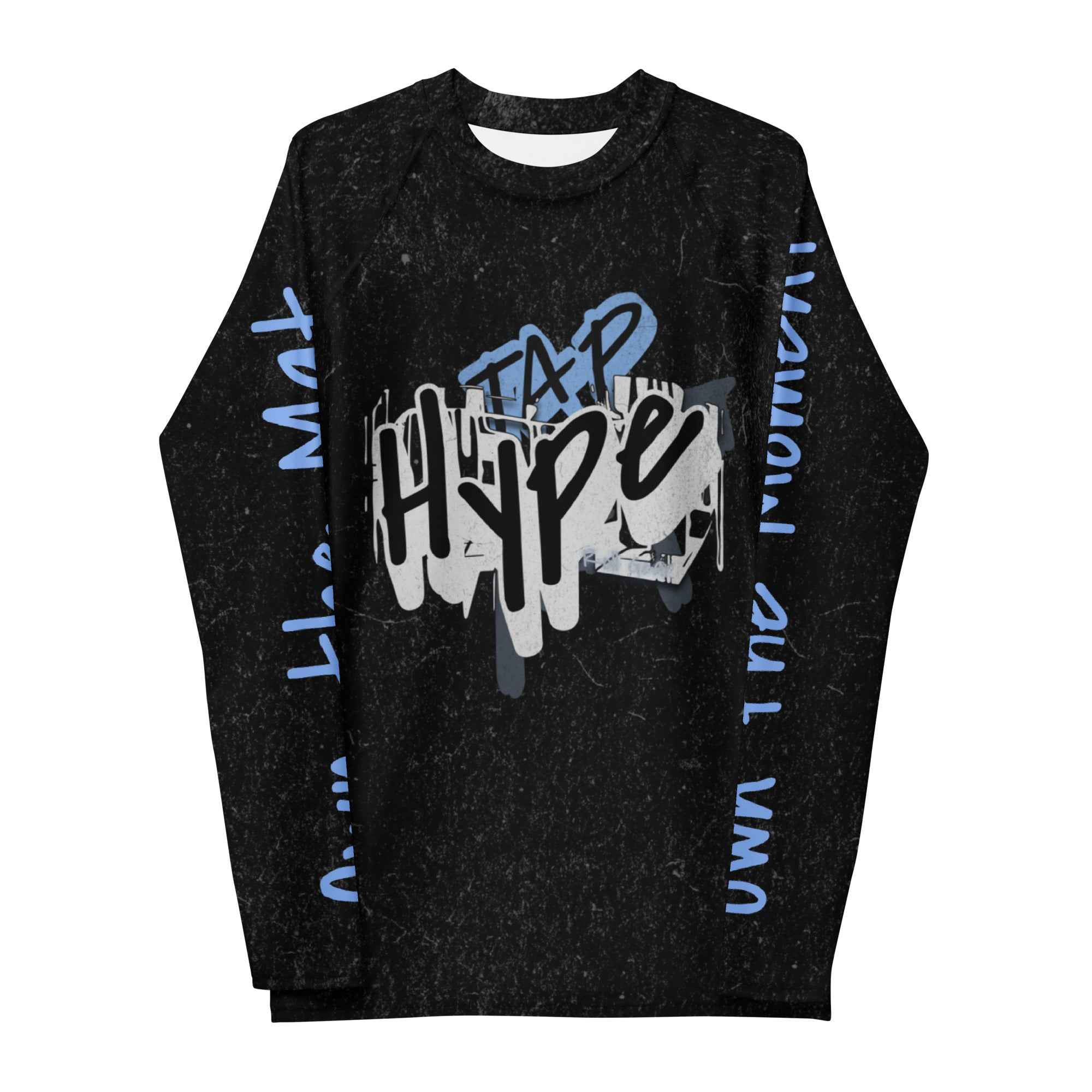 Roll Gear Train hard. Stay sharp. Never fold Rash Guard, second front view, all-over print.