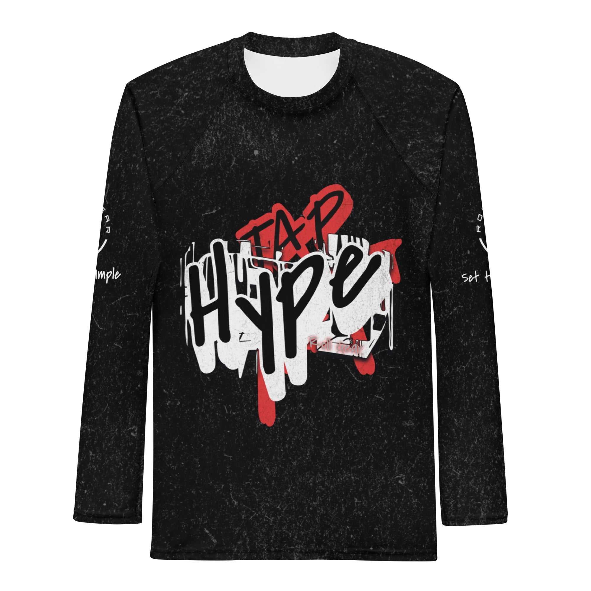 Roll Gear Tap Hype Rash Guard, front view, all-over print.