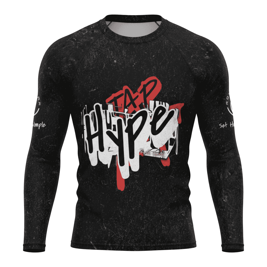 Roll Gear Tap Hype Rash Guard, flat front view, Tap Hype chest graphic.