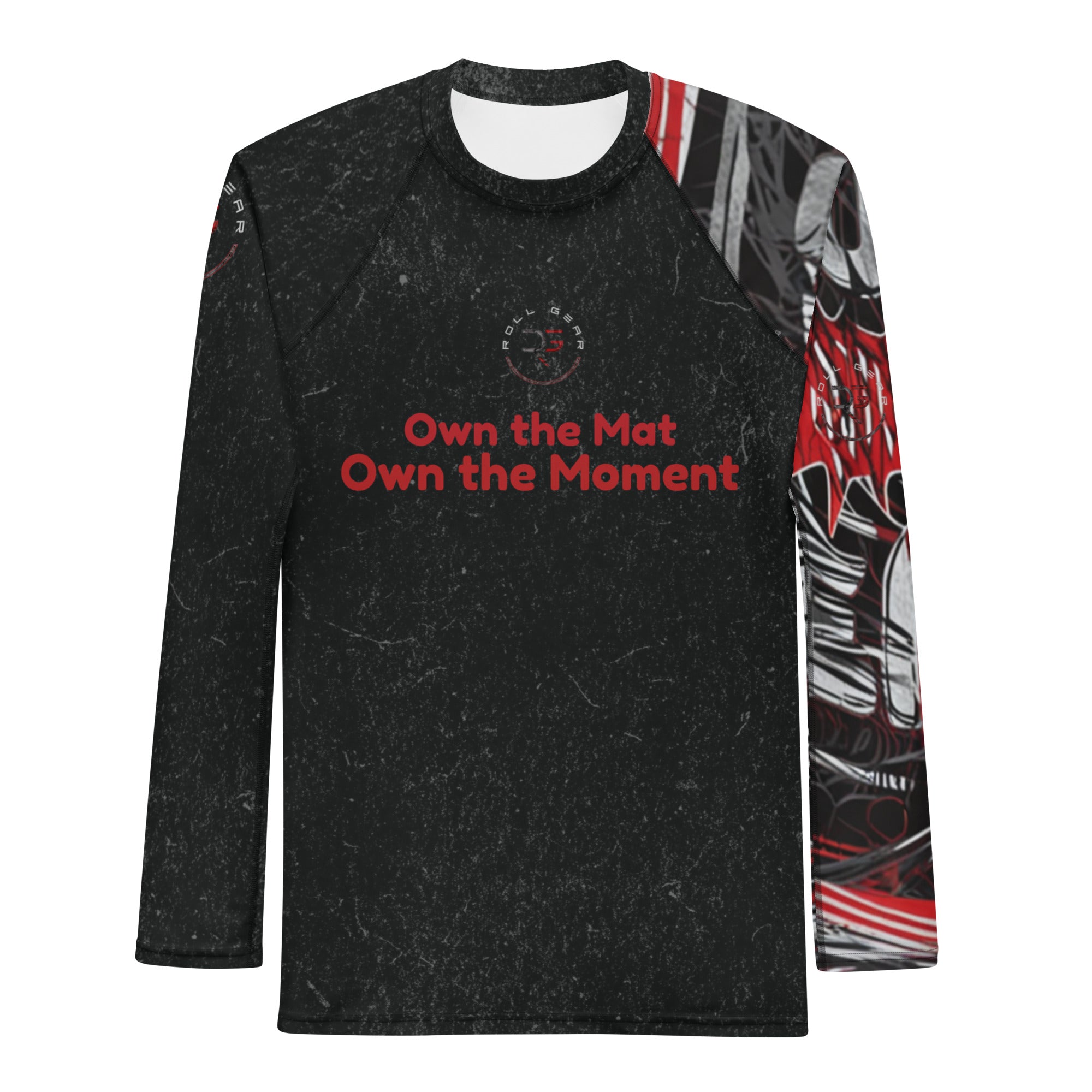 Roll Gear Evolve or Repeat Men’s Long Sleeve Rash Guard – Black & Red, front view, all-over print.