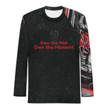 Roll Gear Evolve or Repeat Men’s Long Sleeve Rash Guard – Black & Red, front view, all-over print.