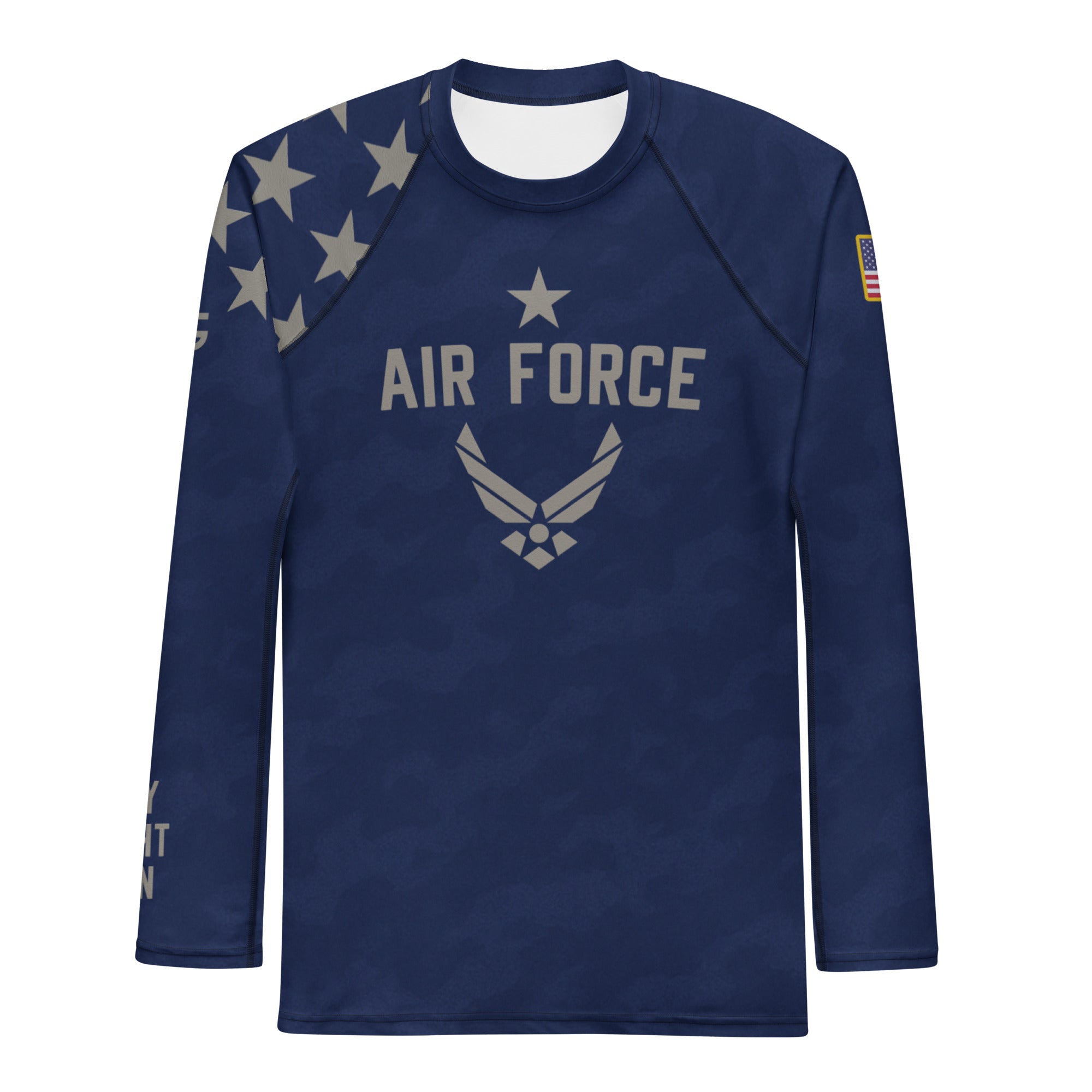 Roll Gear Men's Air Force Long Sleeve Rash Guard, front view.