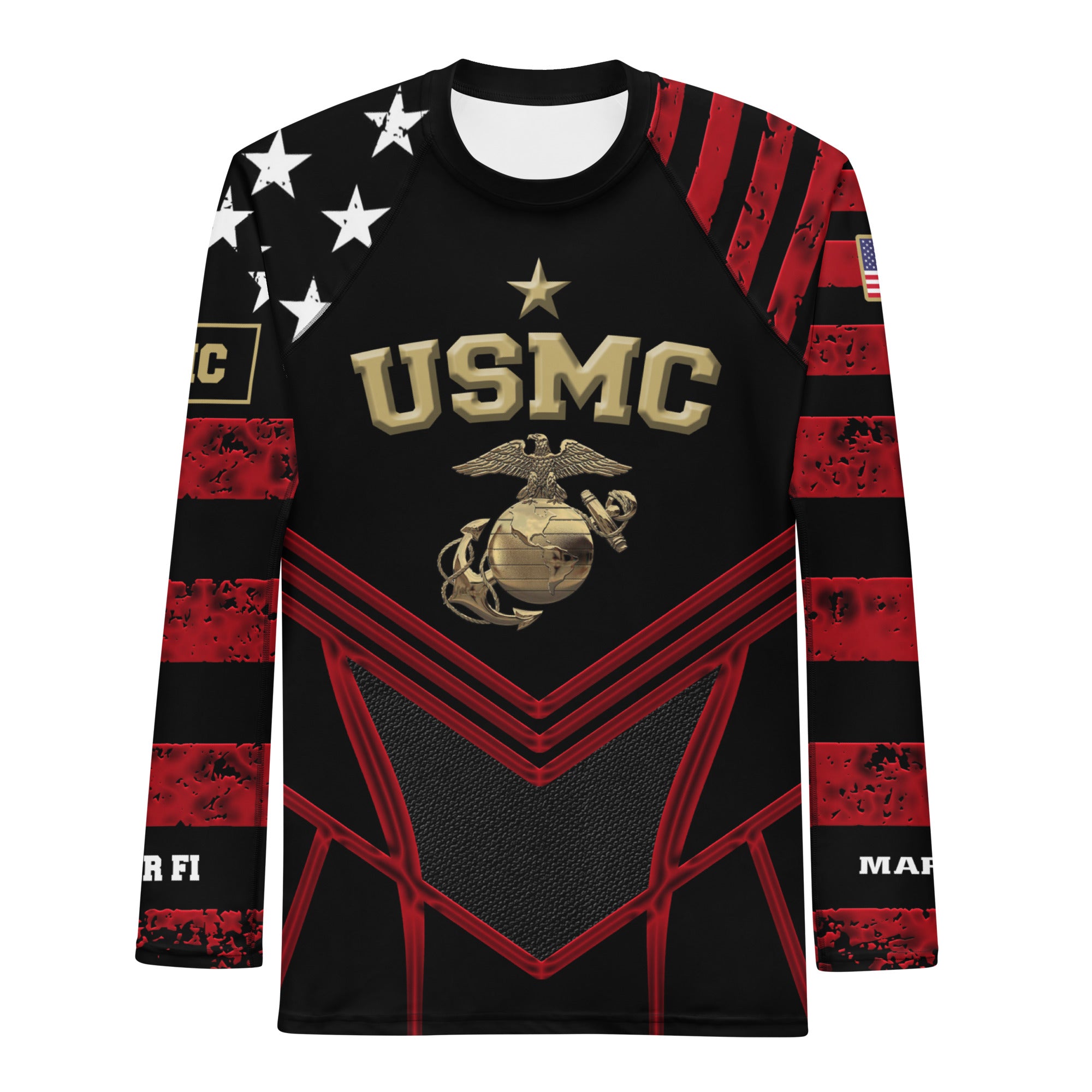 Roll Gear Men's Marines Dress Blues BJJ Rash Guard - USMC Black, Red & Gold, front view.