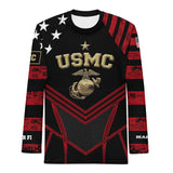 Roll Gear Men's Marines Dress Blues BJJ Rash Guard - USMC Black, Red & Gold, front view.