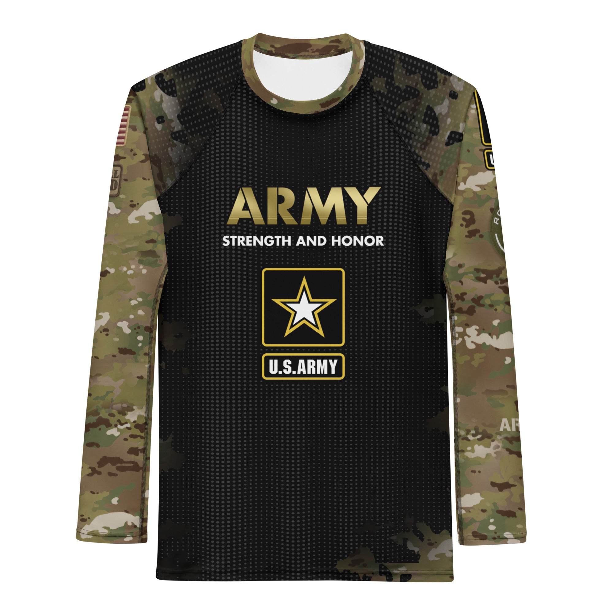 Roll Gear Men's Army Long Sleeve Rash Guard, front view, all-over print.