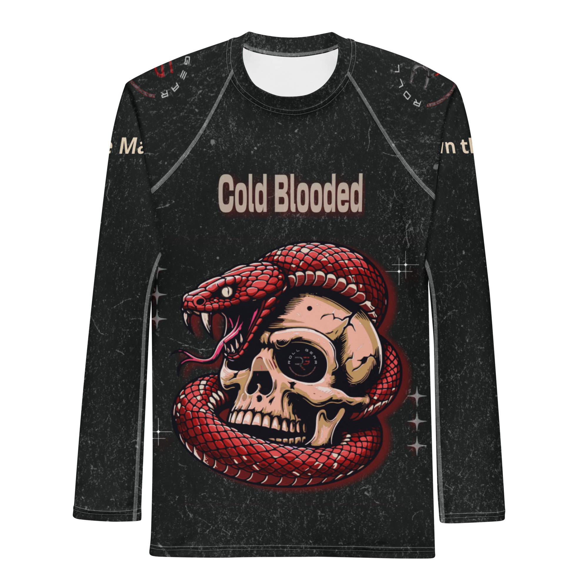 Roll Gear Signature Cold Blooded Rash Guard – Black Venom (Athlete Edition, Men’s Long Sleeve), front view, all-over print.