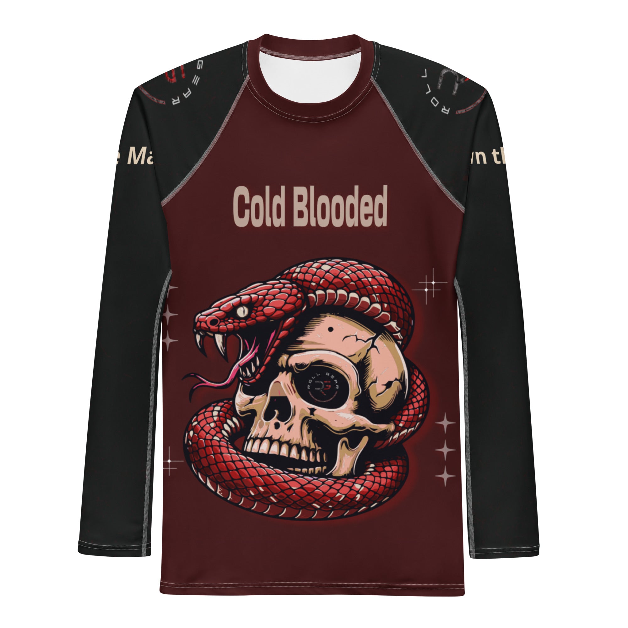 Roll Gear Cold Blooded Rash Guard – Maroon Venom Athlete Edition – Long Sleeve, front view, all-over print.