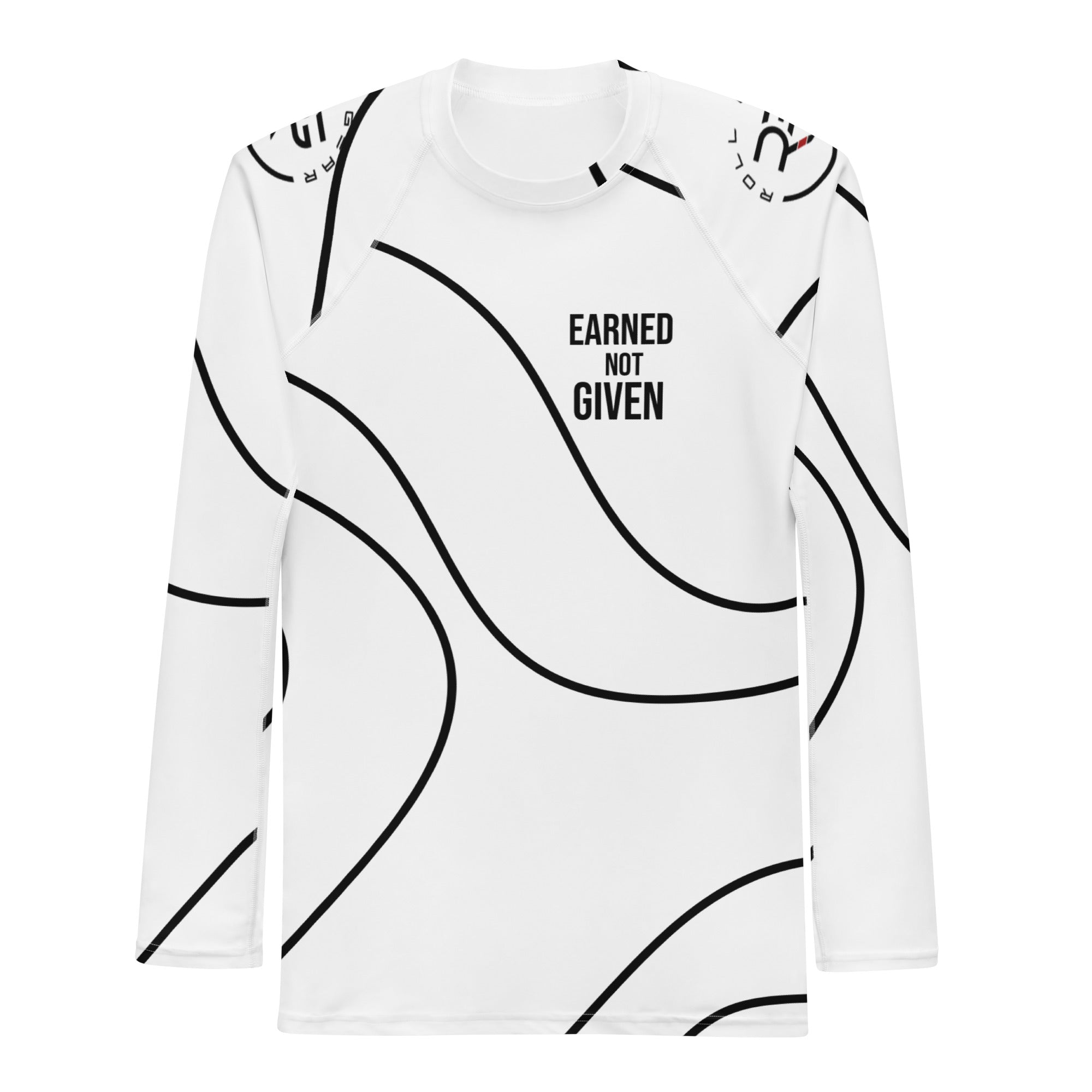 Roll Gear White Swirl Rash Guard – White/Black – Men’s, front view, all-over print.