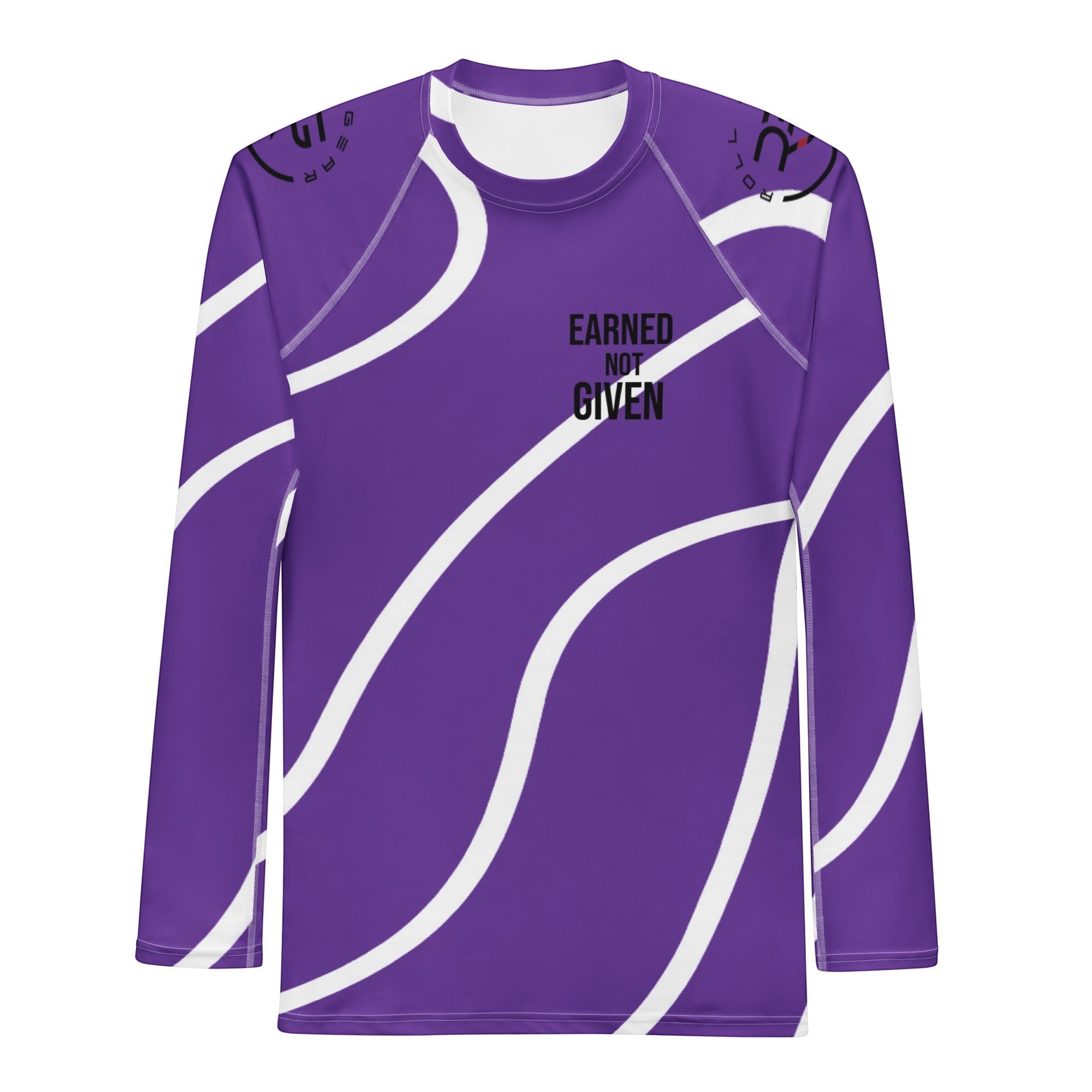 Roll Gear Purple Swirl Long Sleeve Rash Guard – Purple/White – Men’s, front view, all-over print.