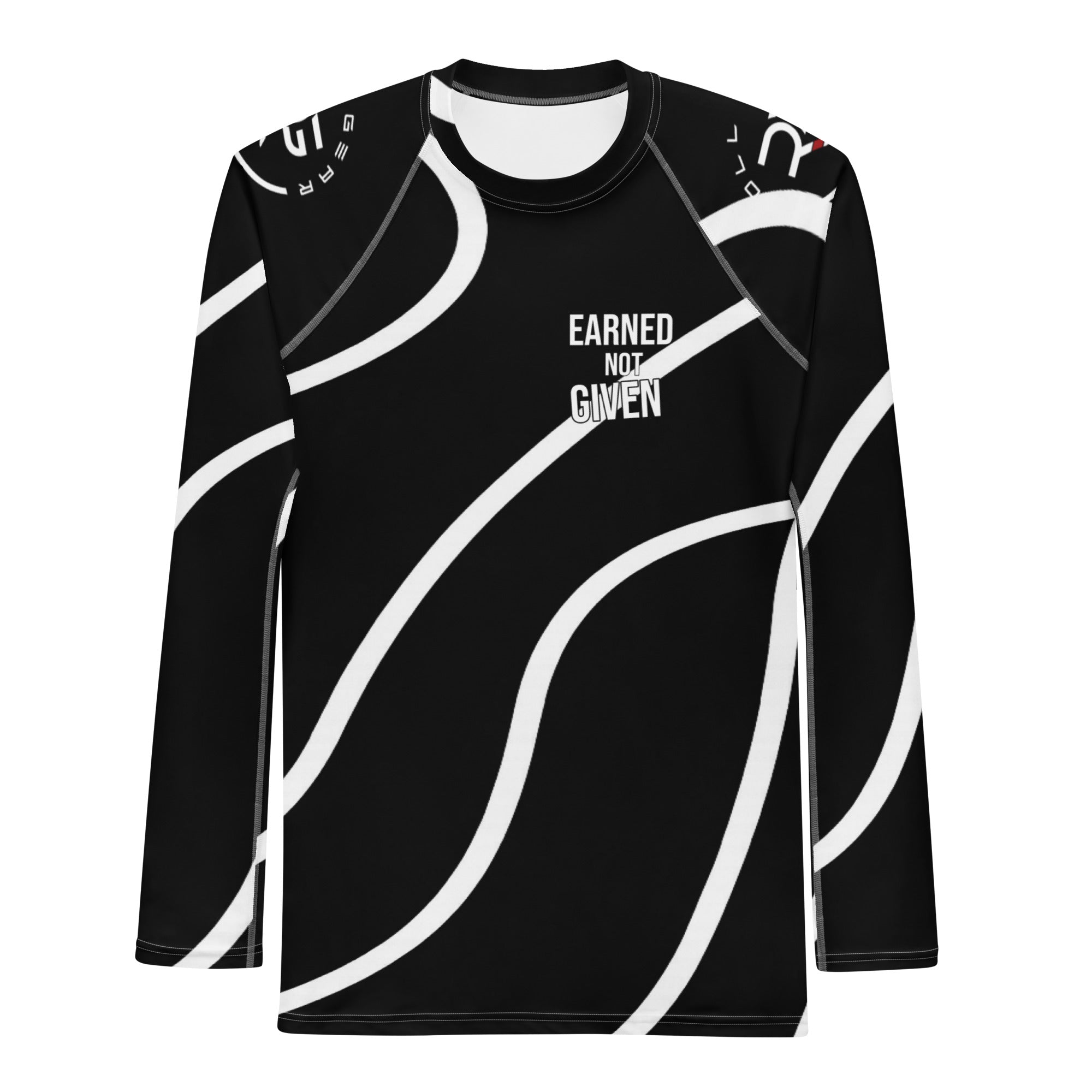 Roll Gear Black Swirl Long Sleeve Rash Guard – Black/White – Men’s, front view, all-over print.