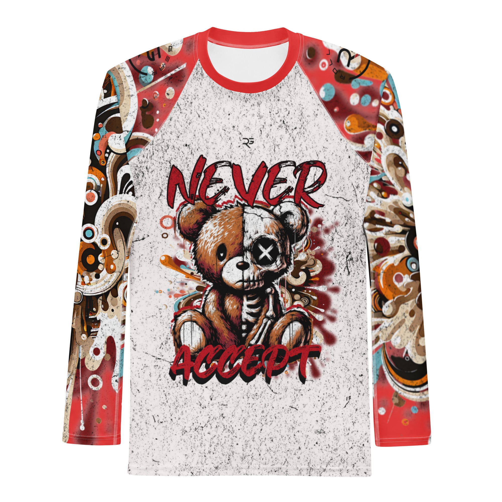 Roll Gear Never Accept Rash Guard – Red – Men's, front view, all-over print.
